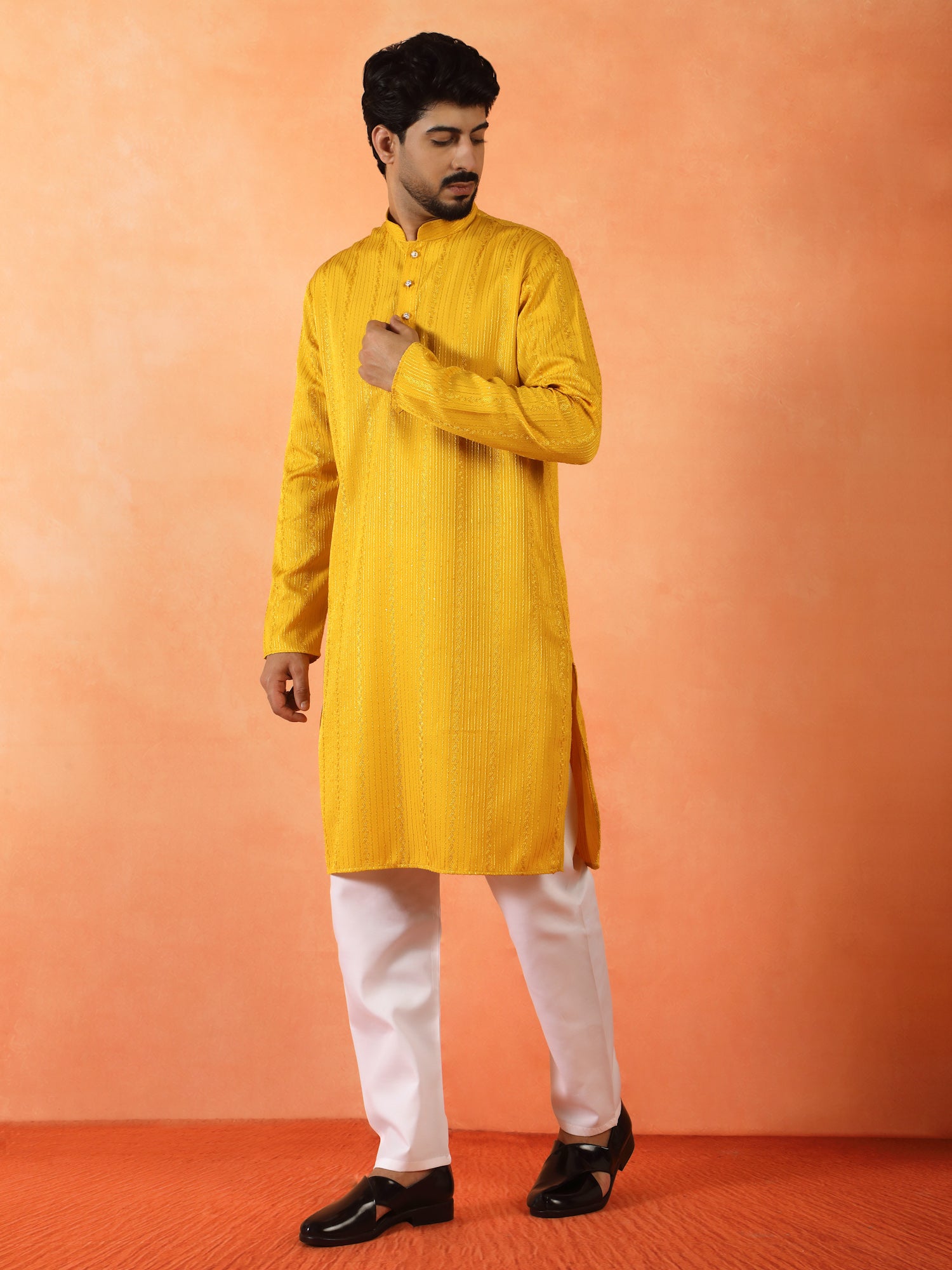 Men's Embroidered Thread Work Designed Cotton Silk Straight Kurta With Pyjama Set