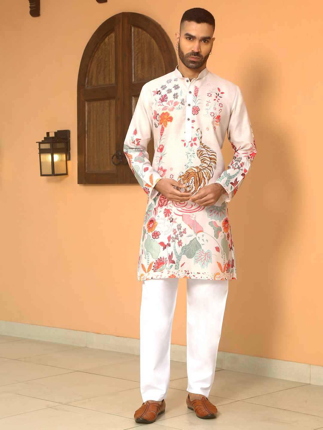 Animal Print Cotton Straight Beige Kurta With White Elastic Waistband Pyjama Set