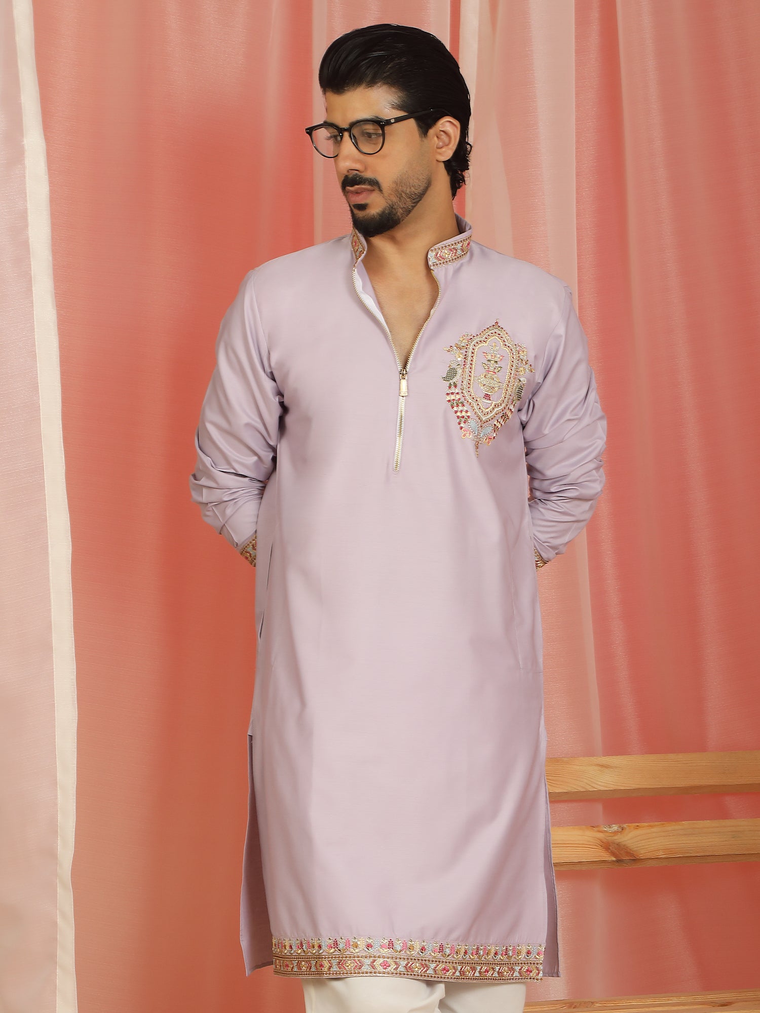 Men Cotton Silk Floral Embroidered Zip Closure Kurta