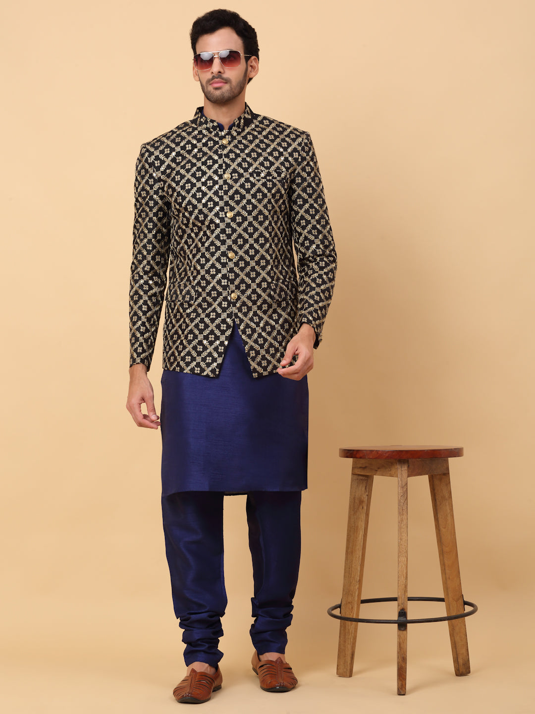KRAFT INDIA Men's Silk Navy Blue Kurta Churidar With Embroidered Zari Bandhgala Suit/Coat