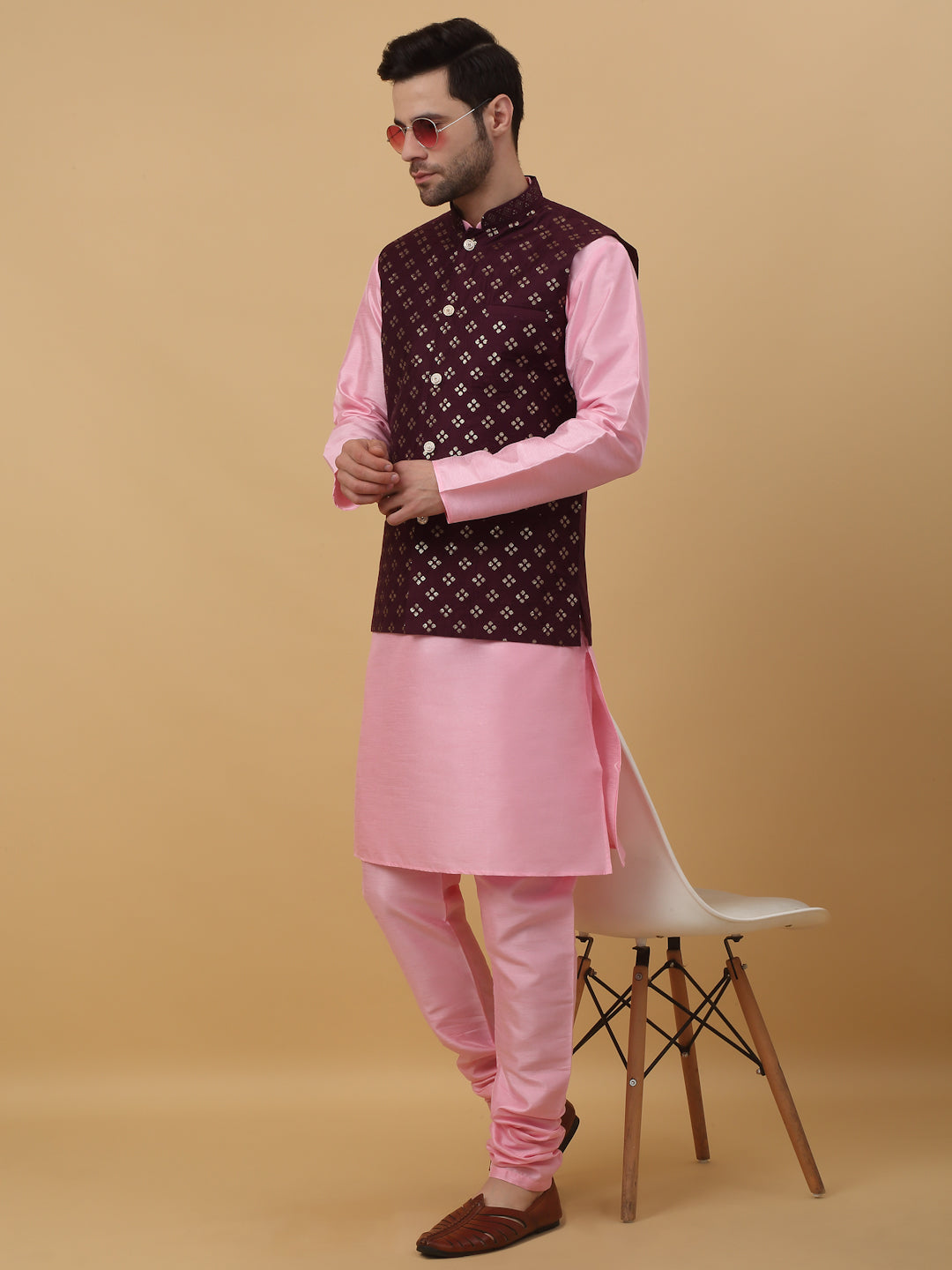 KRAFT INDIA Men's Silk Blend Pink Kurta, Churidar with Cotton Silk Embroided Sequenced Nehru Jacket Set