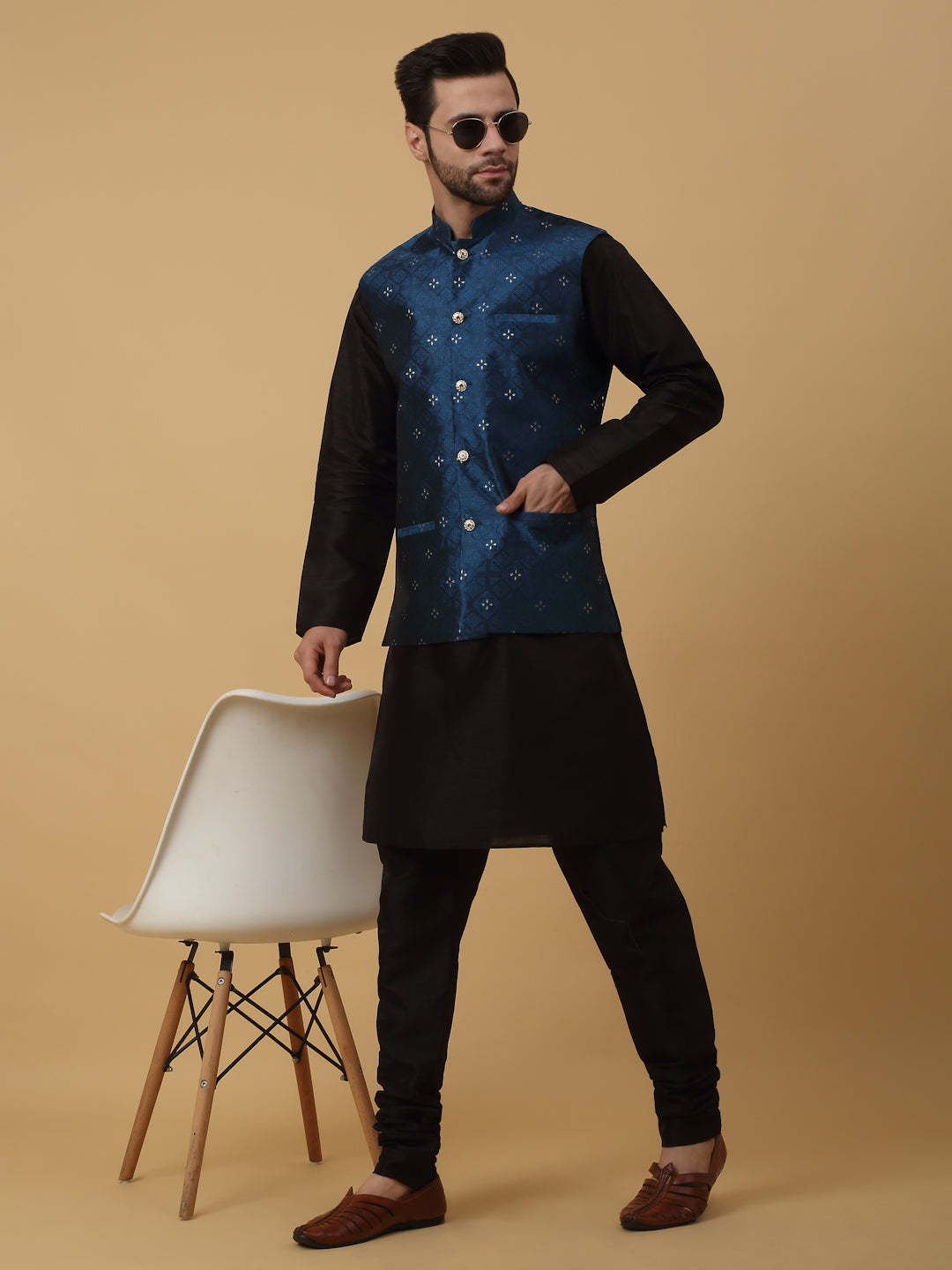 KRAFT INDIA Men's Silk Blend Black Kurta, Churidar with Jacquard Silk Blend Floral Nehru Jacket Set