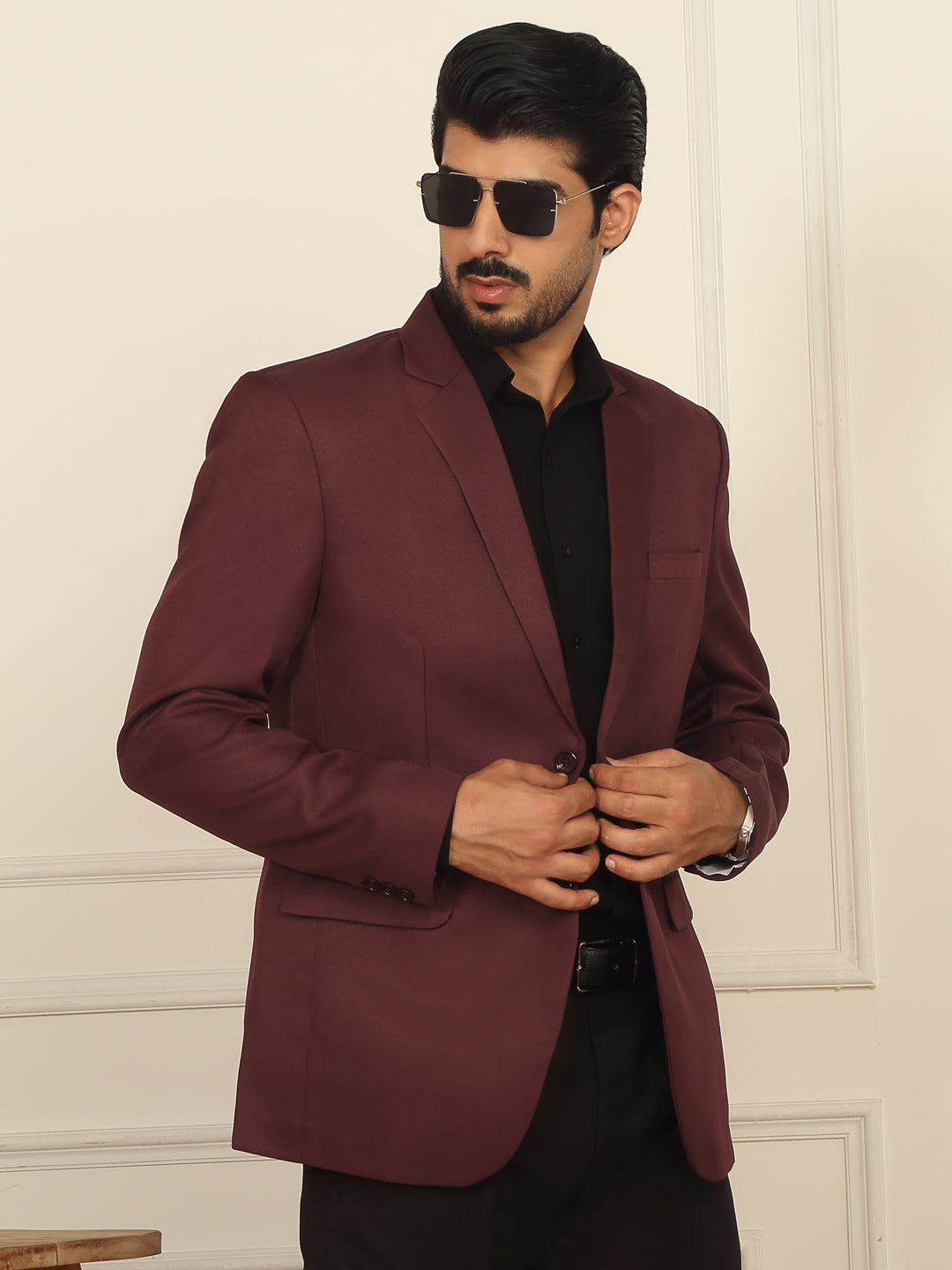 Men’s Solid Twill Notched Lapel Collar Beige Coat with Double Vent