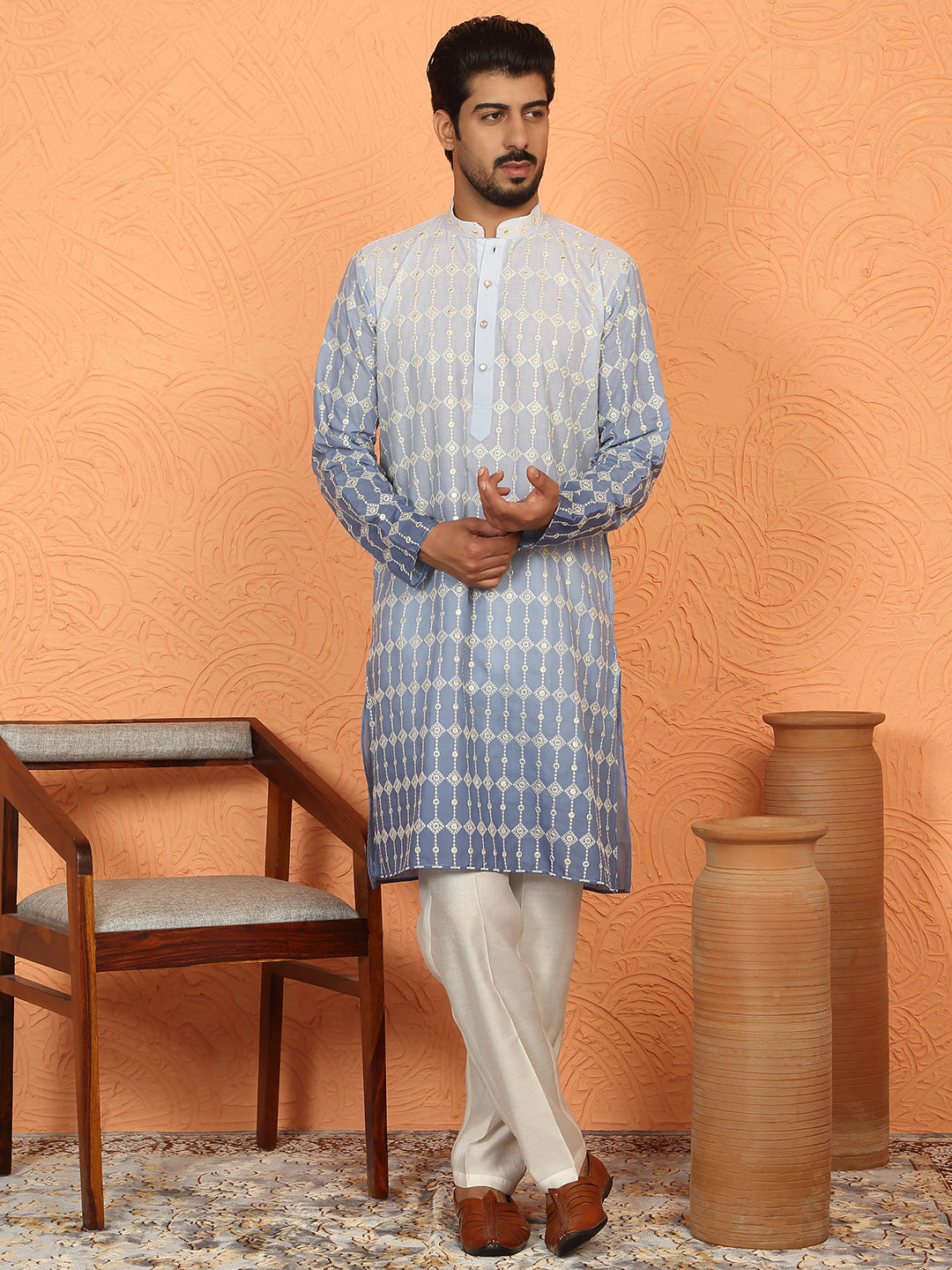 Men’s Cotton Silk Ombre Embroidered Kurta Set with Cream Silk Trouser