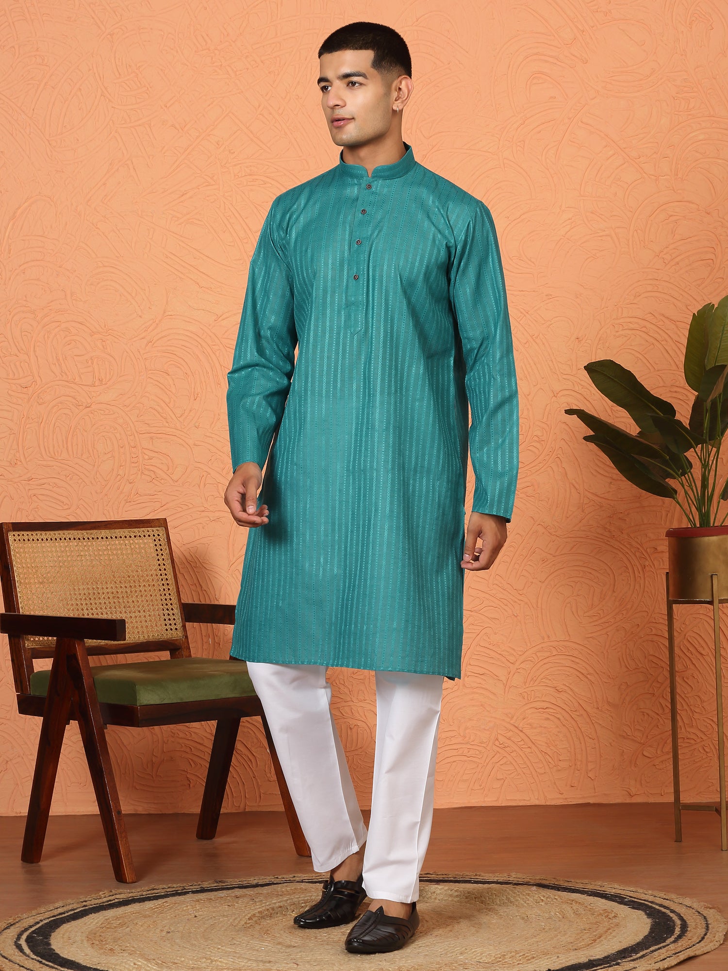 Men Striped Pure Cotton Straight Long Kurta with Elasticated Pyjamas