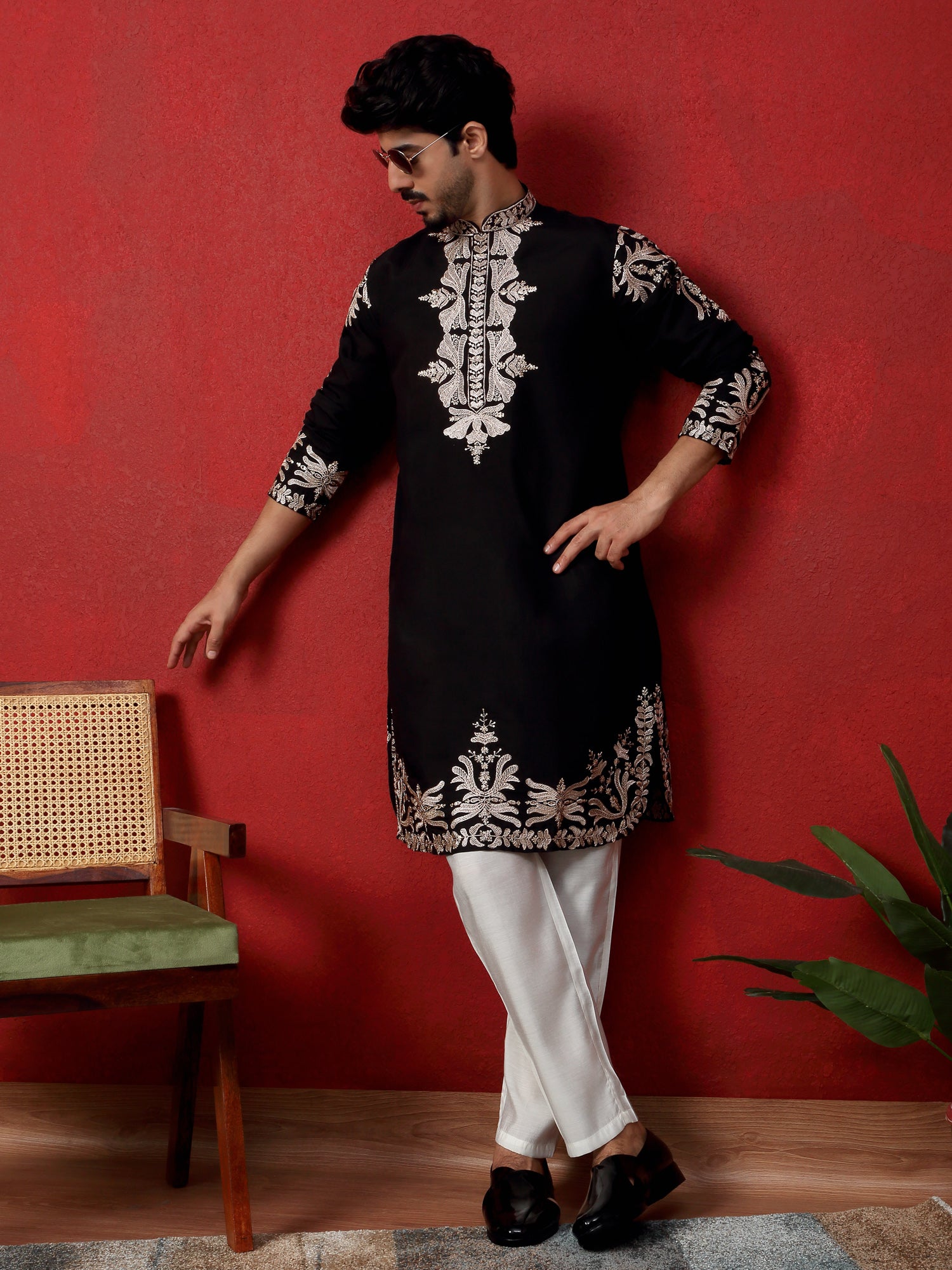 LUXE-Men's Cotton Silk Placement Embroidered Kurta Trouser Pant Set