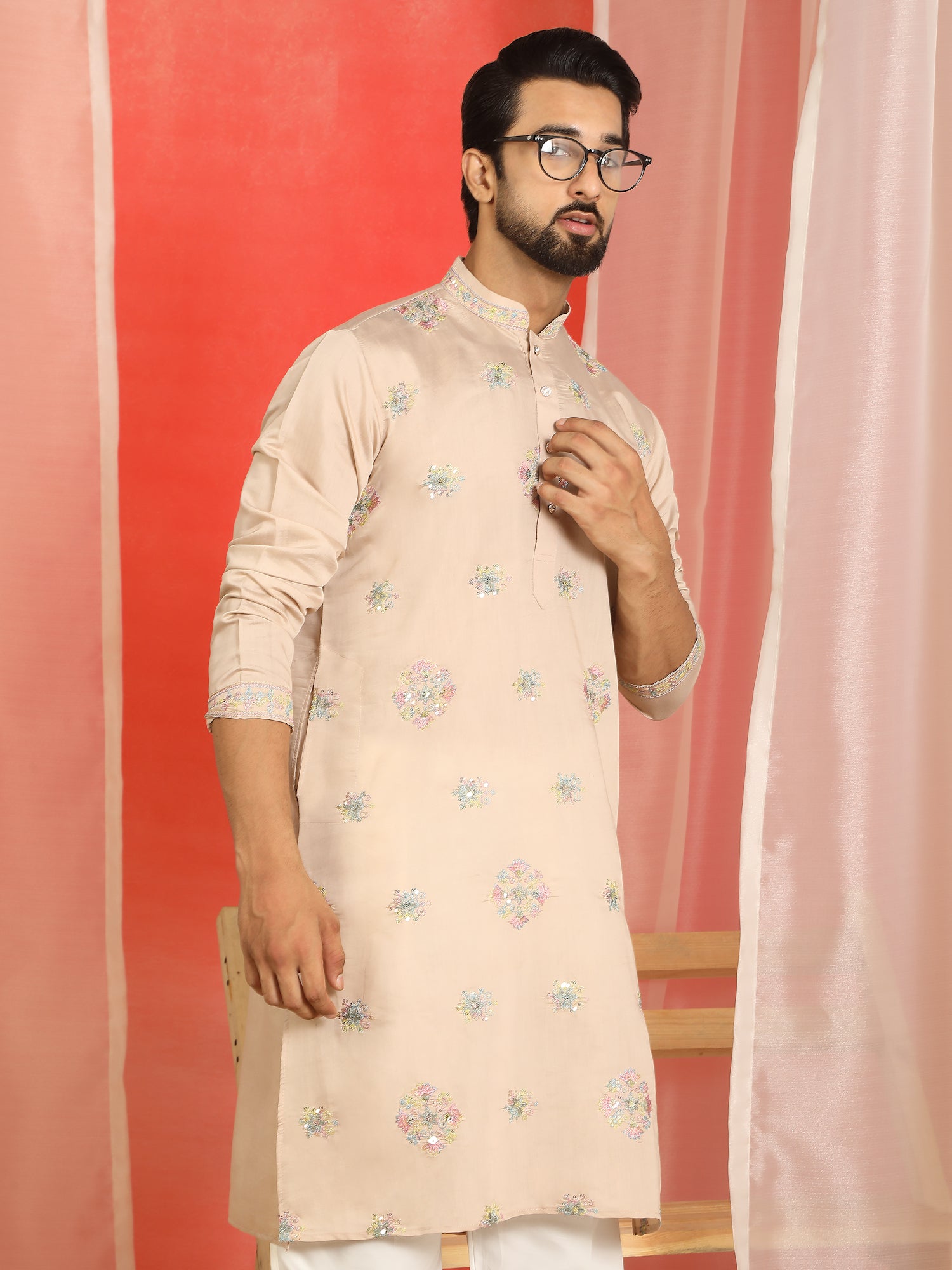 Men Cotton Silk Floral Thread Work Sequined Festive Kurta