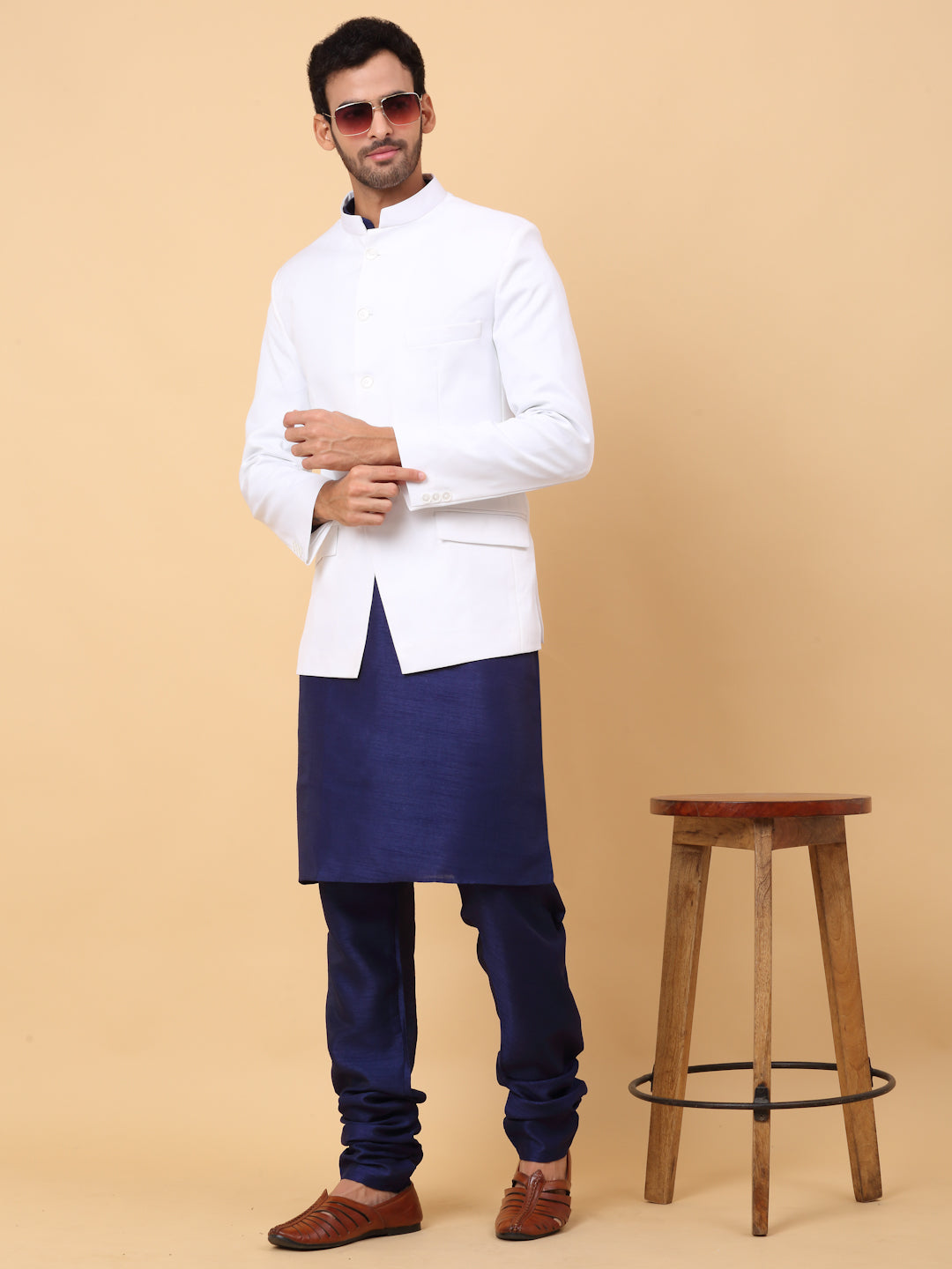 KRAFT INDIA Men's Silk Navy Blue Kurta Churidar With Solid Twill Bandhgala Suit/Coat