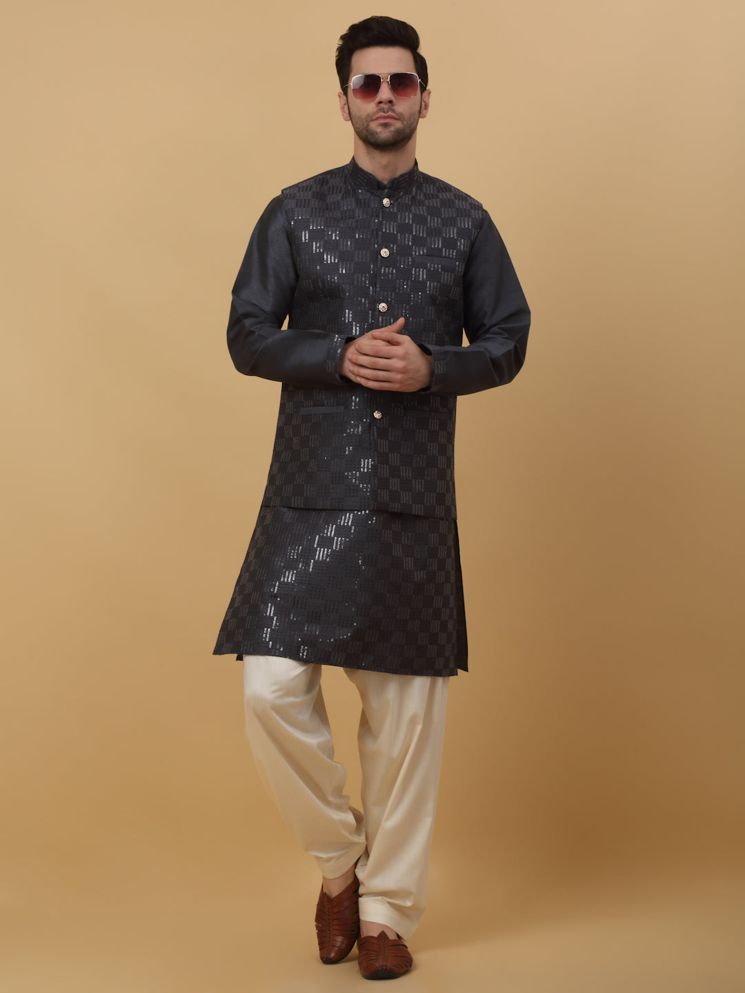 KRAFT INDIA Men's Cotton Silk Sequenced Embroided Kurta and Beige Salwar with Cotton Silk Embroided Sequenced Nehru Jacket Set