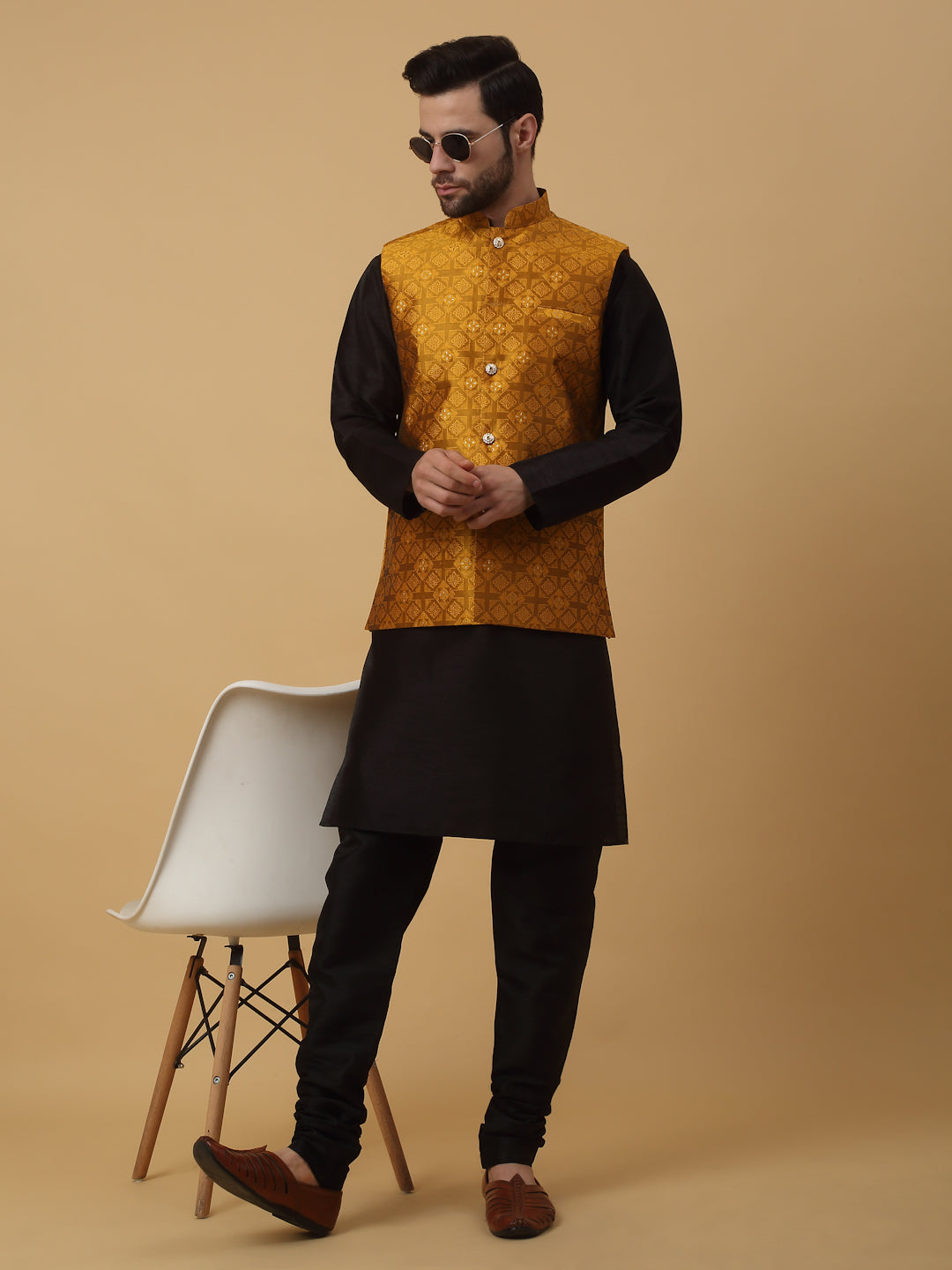 KRAFT INDIA Men's Silk Blend Black Kurta, Churidar with Jacquard Silk Blend Floral Nehru Jacket Set