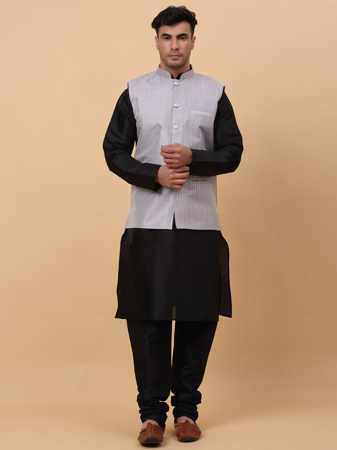 Men Black Silk Blend Kurta, Churidar With SIlk Striped Nehru Jacket