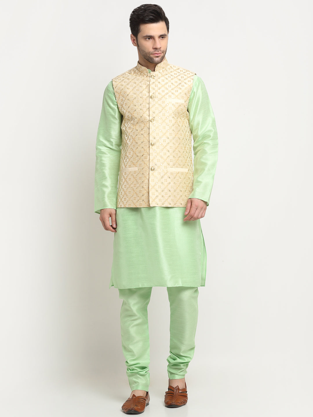 Men's Silk Sea Green Kurta Churidar with Embroidered Nehru Jacket Set