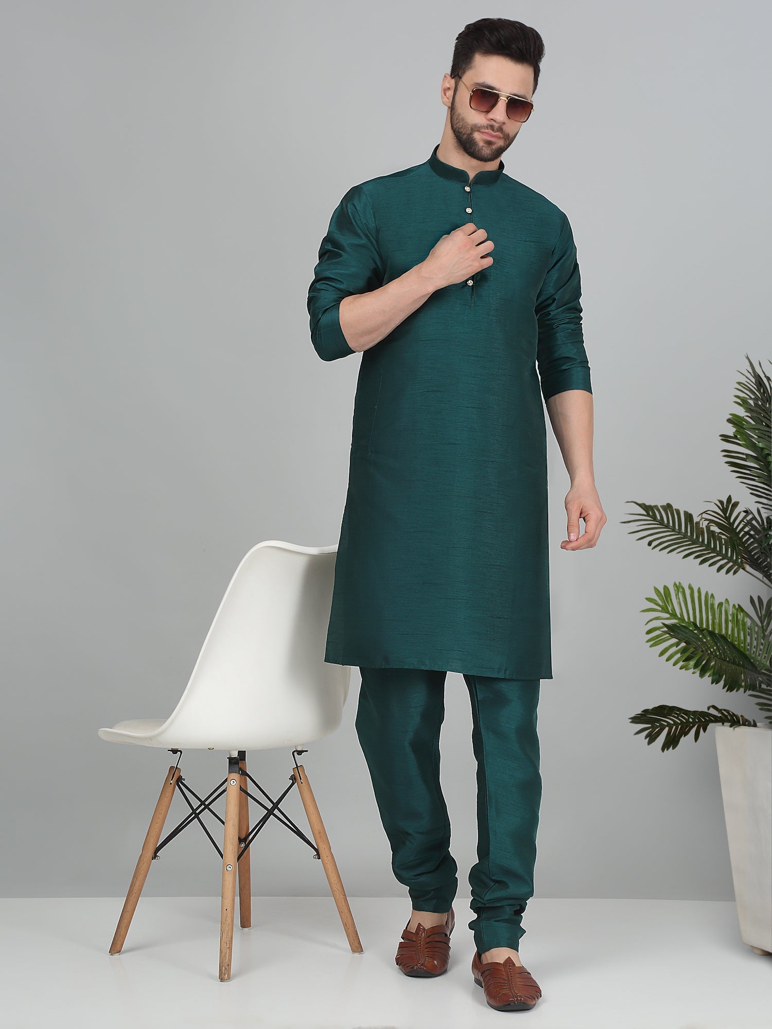 KRAFT INDIA Men's Solid Silk Blend Dupion Kurta Churidar Set