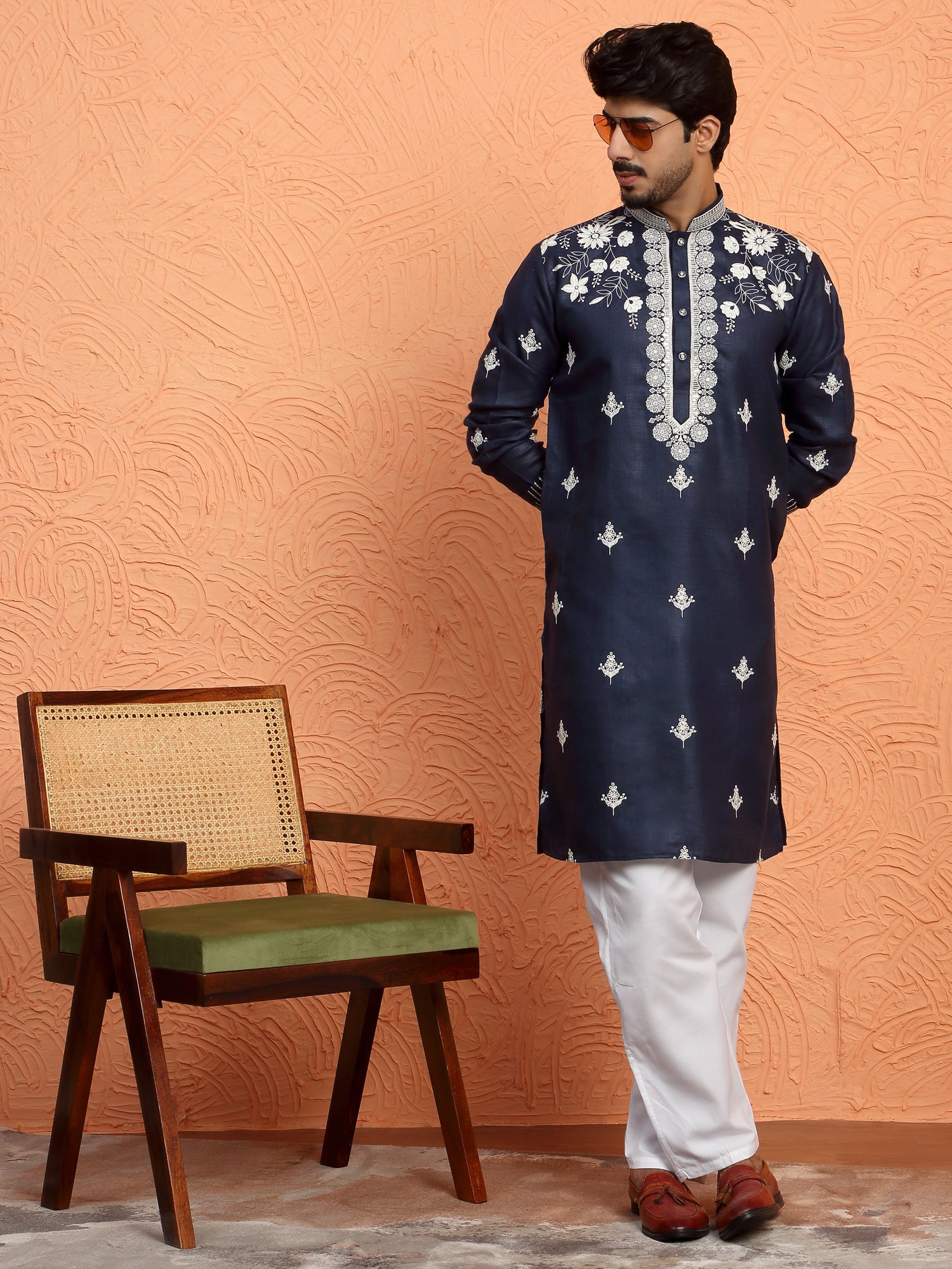 LUXE-Men's Cotton Yoke Design Floral Embroidered Kurta Trouser Set