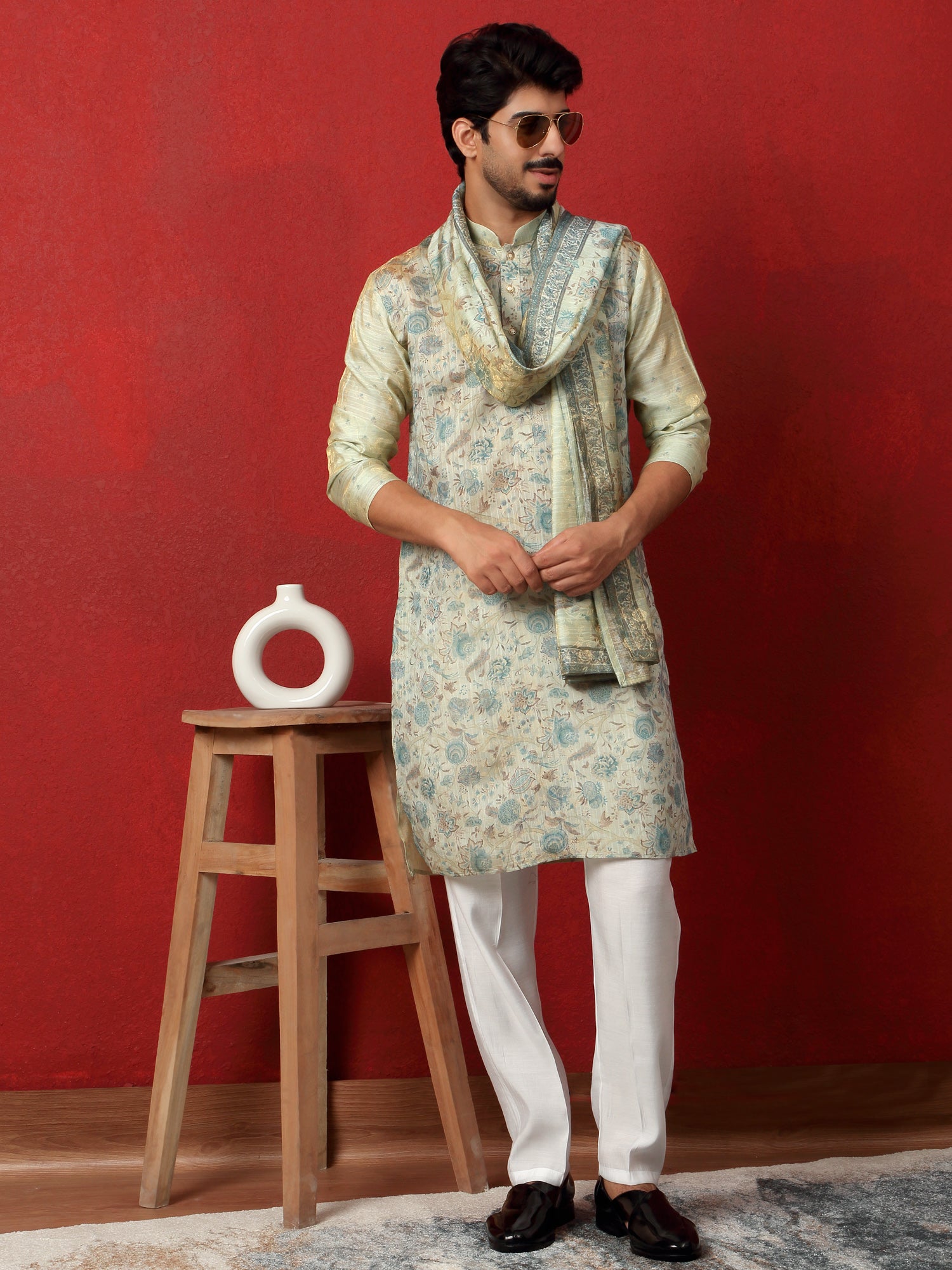 LUXE- Men's Silk Floral Printed Kurta Cream Trouser Pant Set With Matching Duppatta
