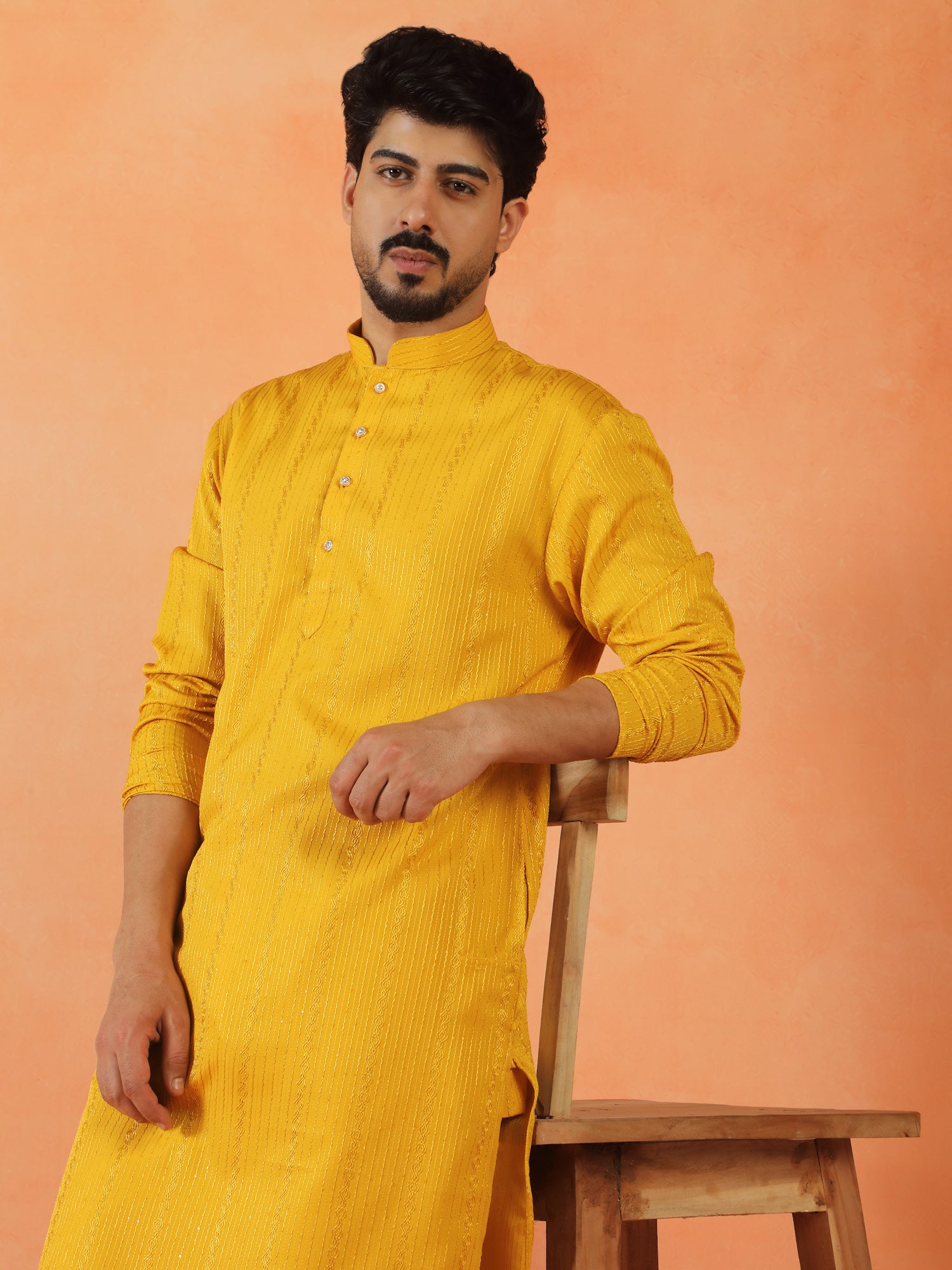 Men Sequenced thread work Designed Cotton Silk Straight Long Kurta
