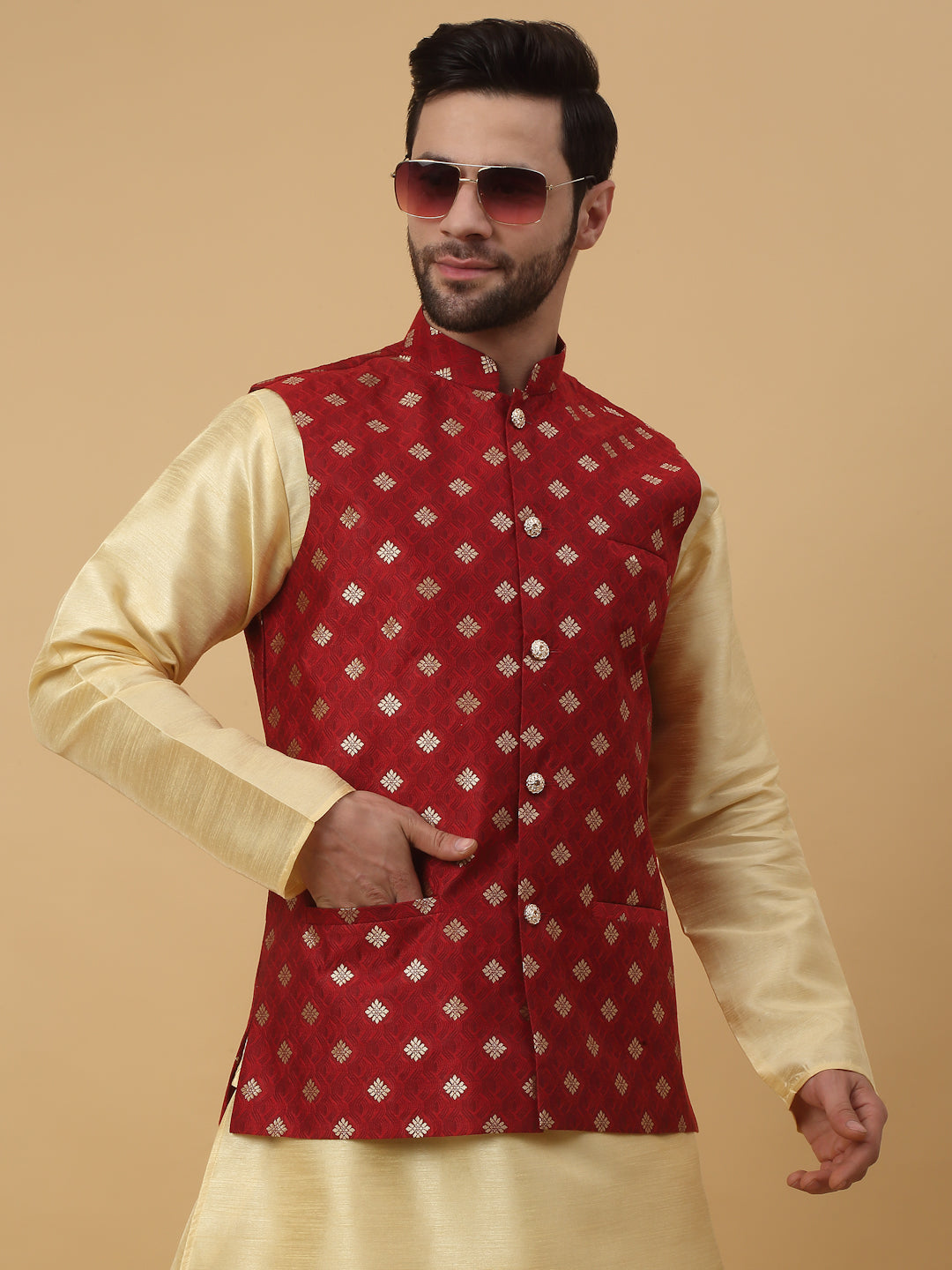 KRAFT INDIA Men's Silk Blend Jacquard Sleeveless Gold Print Nehru Jacket