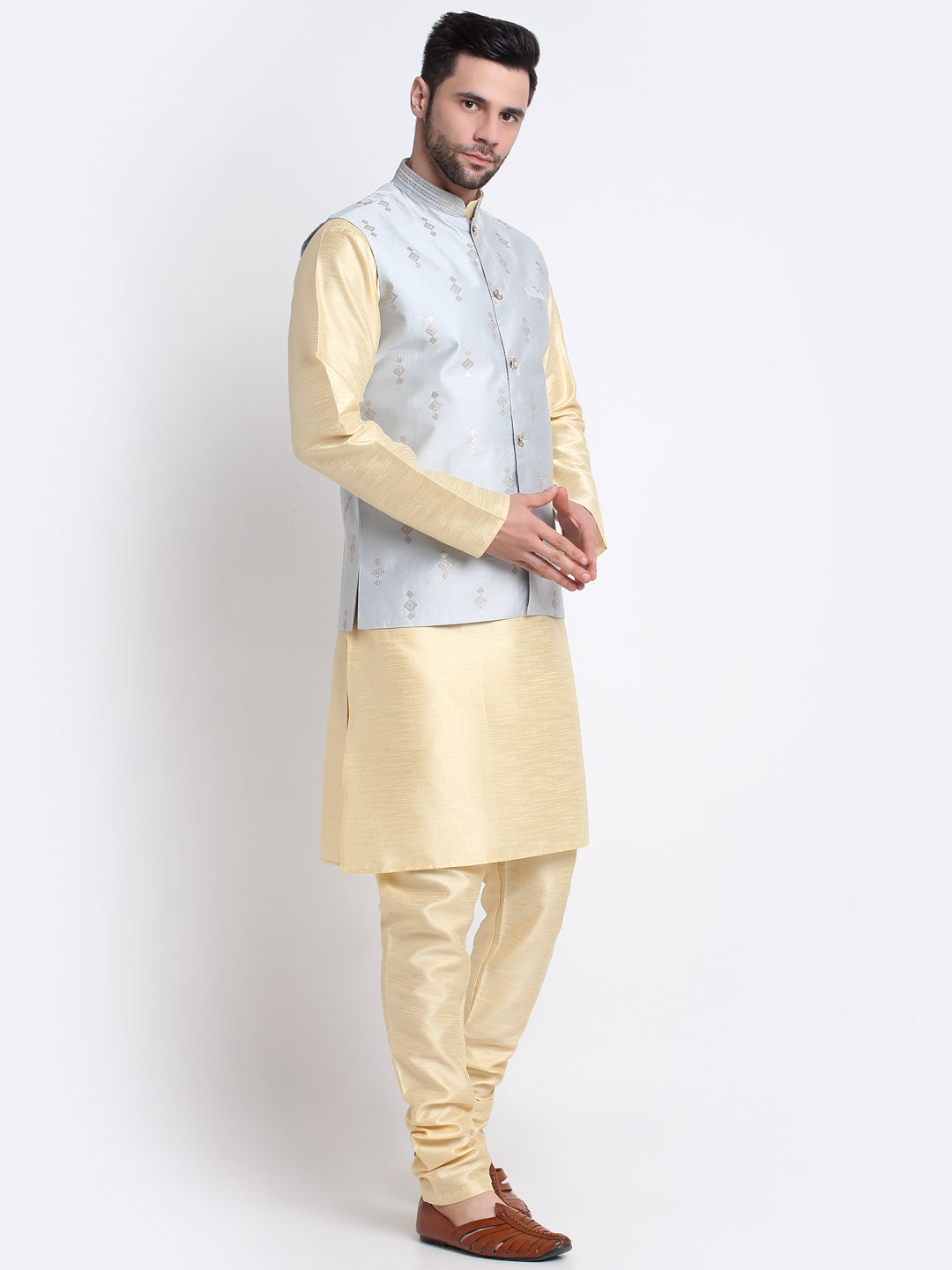 KRAFT INDIA Men Fawn Silk Kurta & Churidar With Sequenced Nehru Jacket