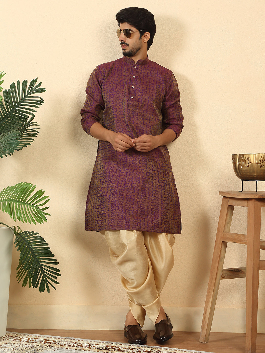 Silk Blend Jacquard Geometric Woven Design Kurta With Beige Elastic Waistband Dhoti Set