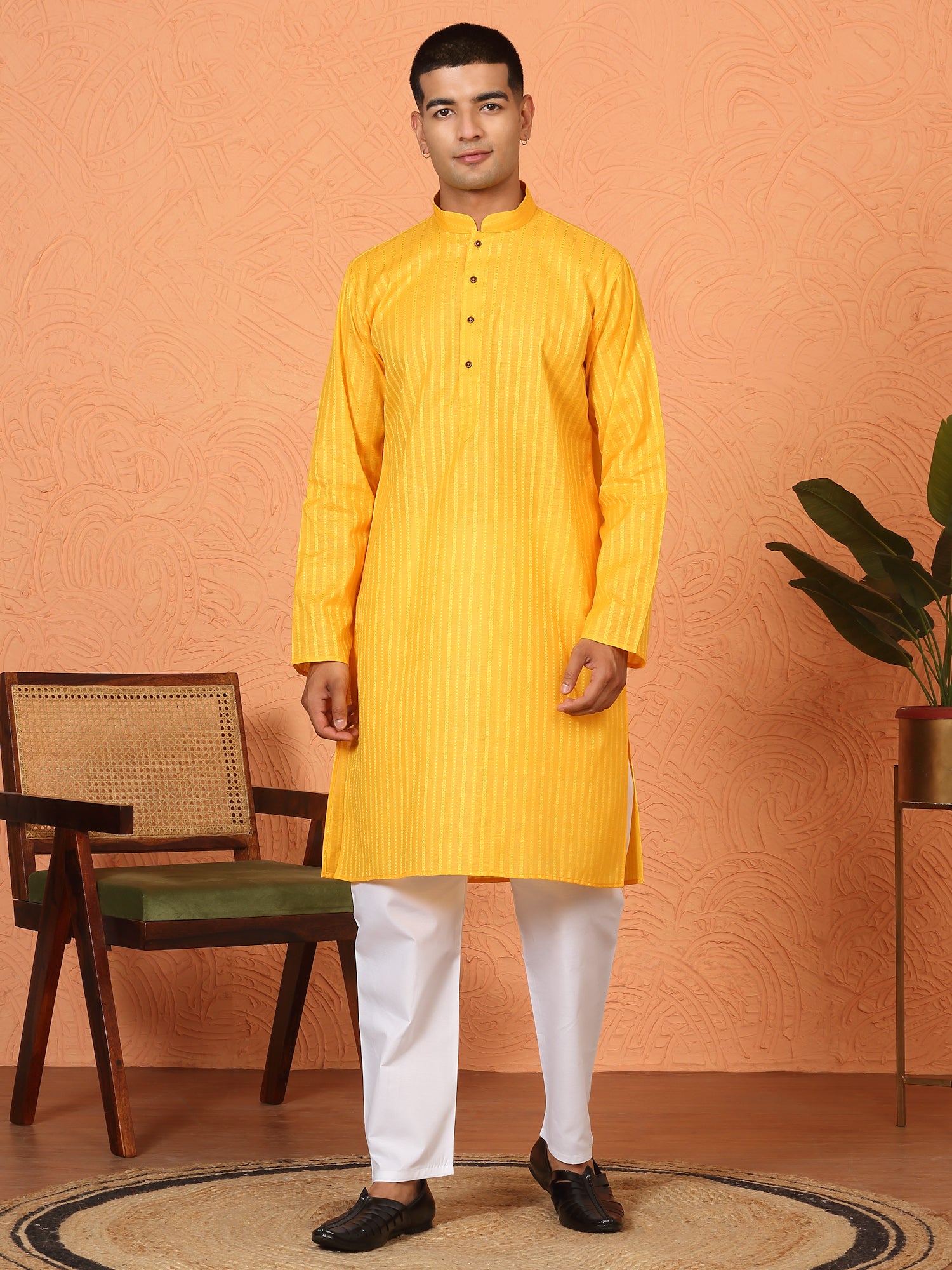 Men Striped Pure Cotton Straight Long Kurta with Elasticated Pyjamas