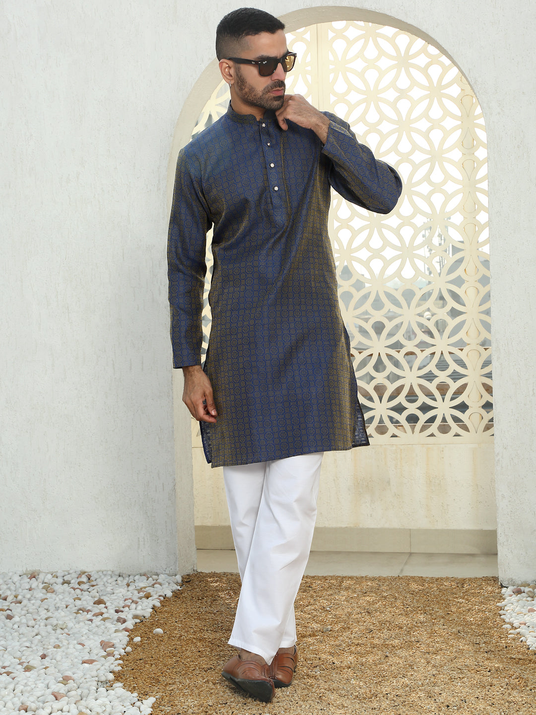 Silk Jacquard Kurta With White Elastic Waistband Pyjama set