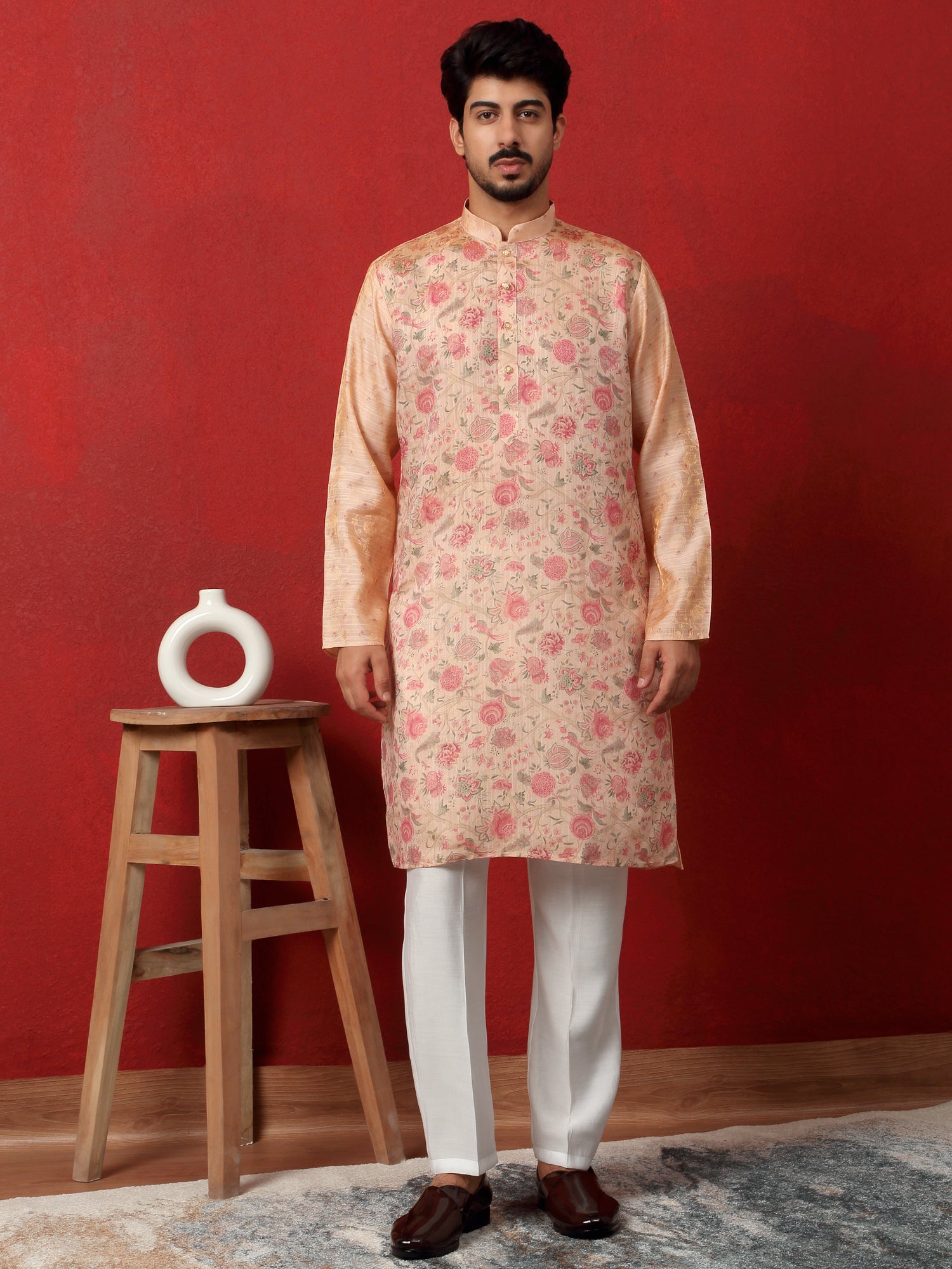 Men's Silk Floral Printed Straight Kurta