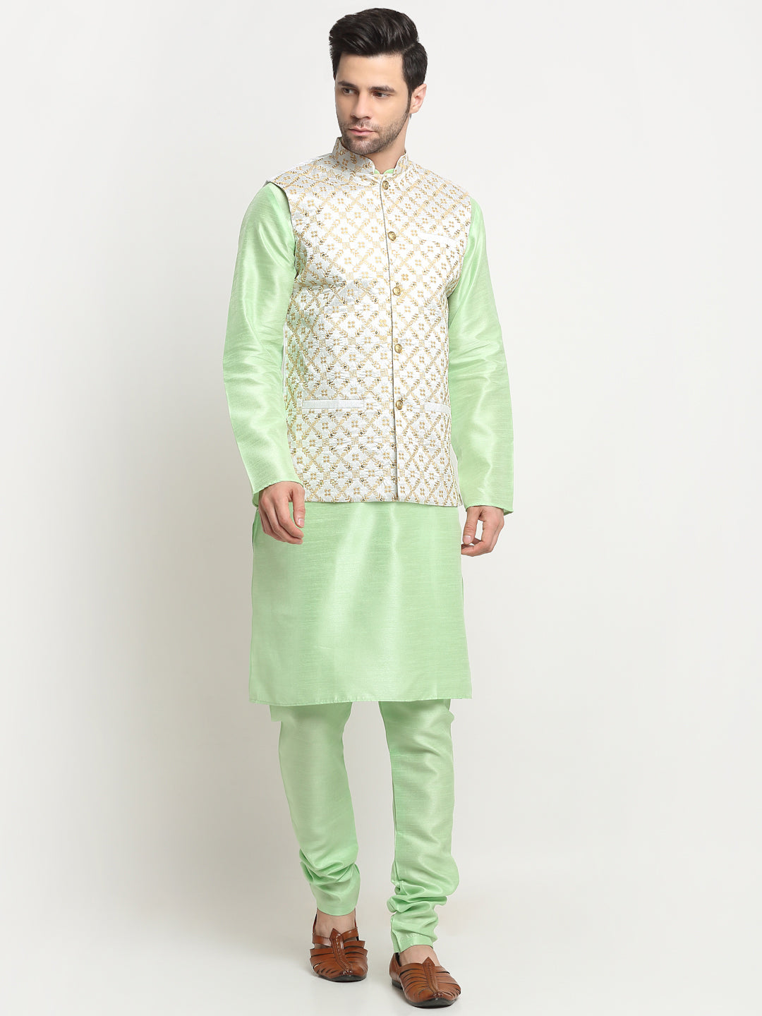 Men's Silk Sea Green Kurta Churidar with Embroidered Nehru Jacket Set
