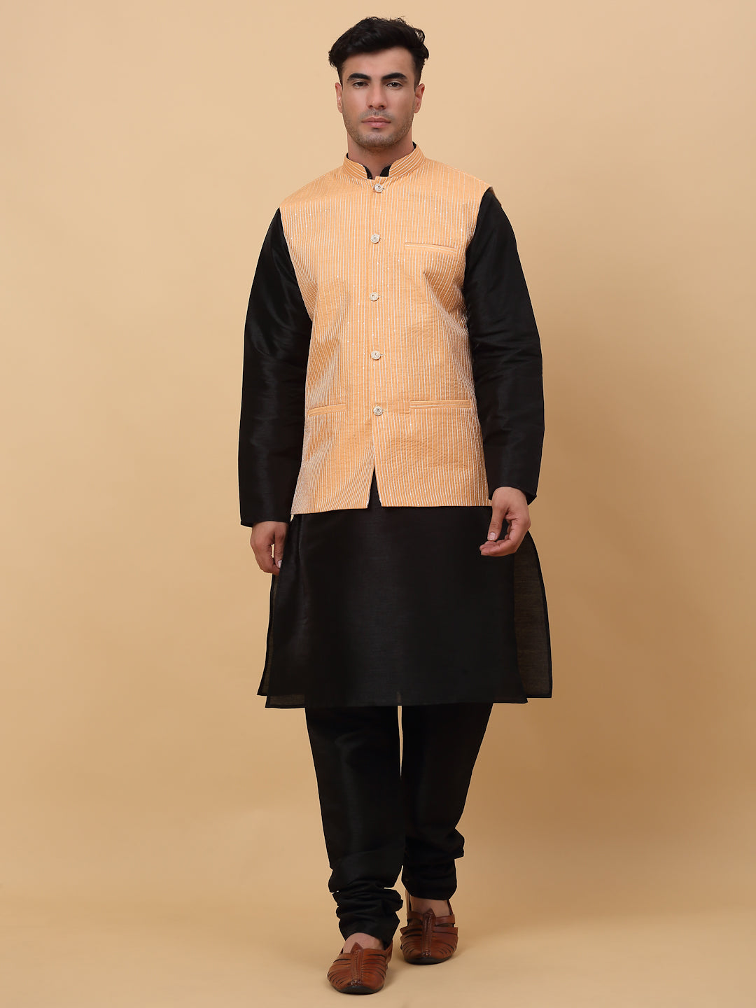 Men Black Silk Blend Kurta, Churidar With SIlk Striped Nehru Jacket