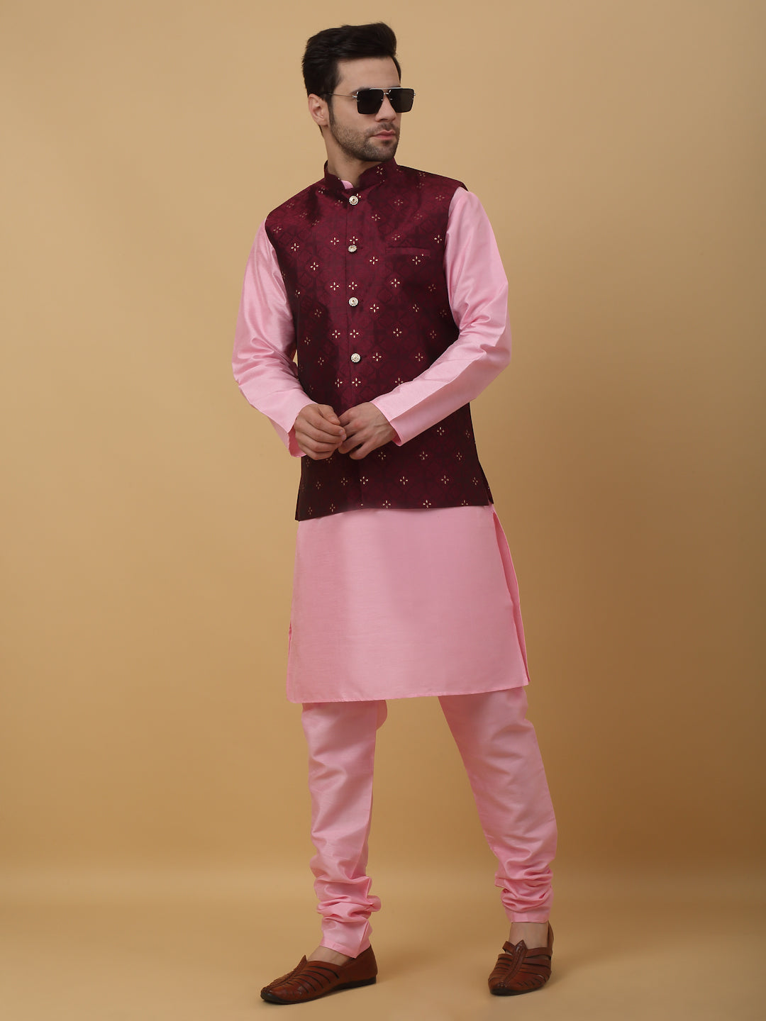 KRAFT INDIA Men's Silk Blend Pink Kurta, Churidar with Jacquard Silk Blend Floral Nehru Jacket Set