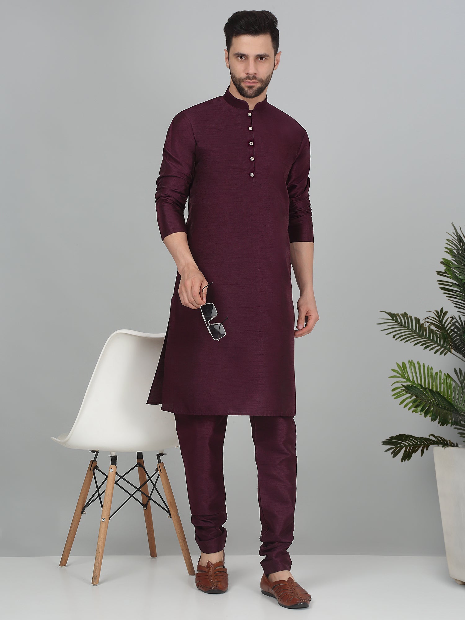 KRAFT INDIA Men's Solid Silk Blend Dupion Kurta Churidar Set