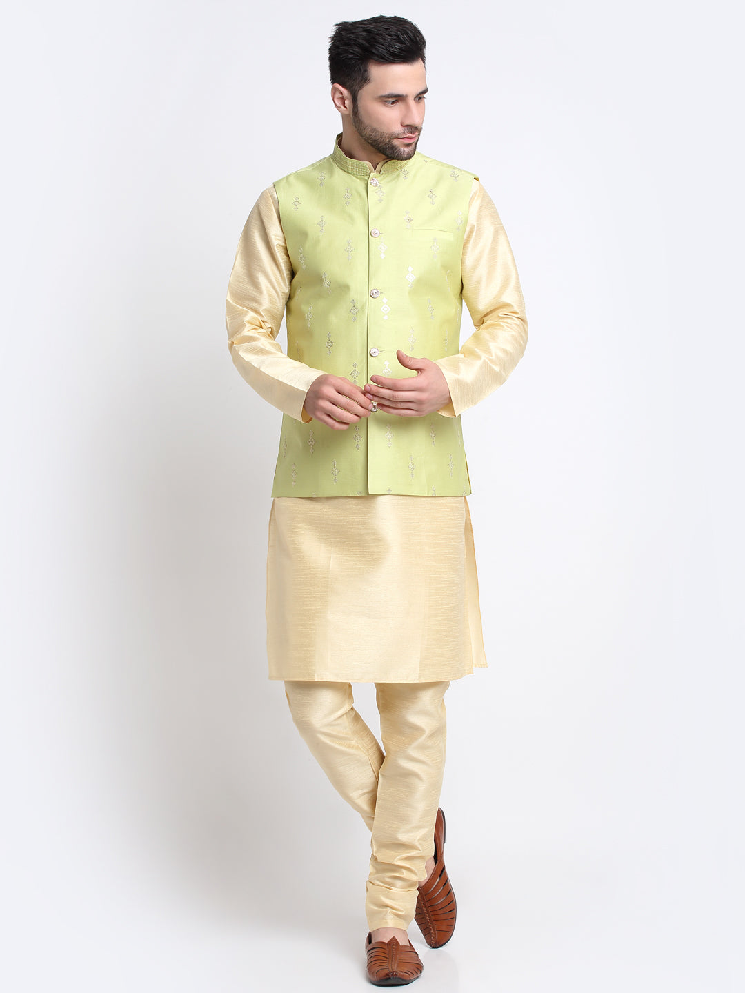 KRAFT INDIA Men Fawn Silk Kurta & Churidar With Sequenced Nehru Jacket