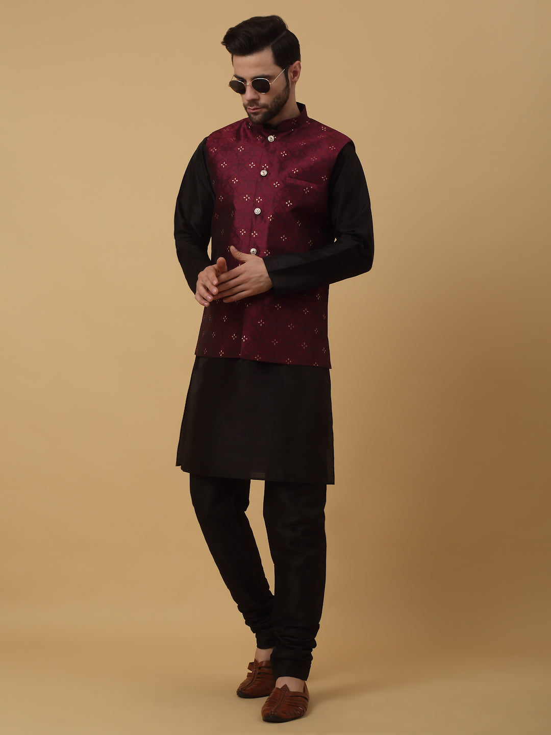 KRAFT INDIA Men's Silk Blend Black Kurta, Churidar with Jacquard Silk Blend Floral Nehru Jacket Set