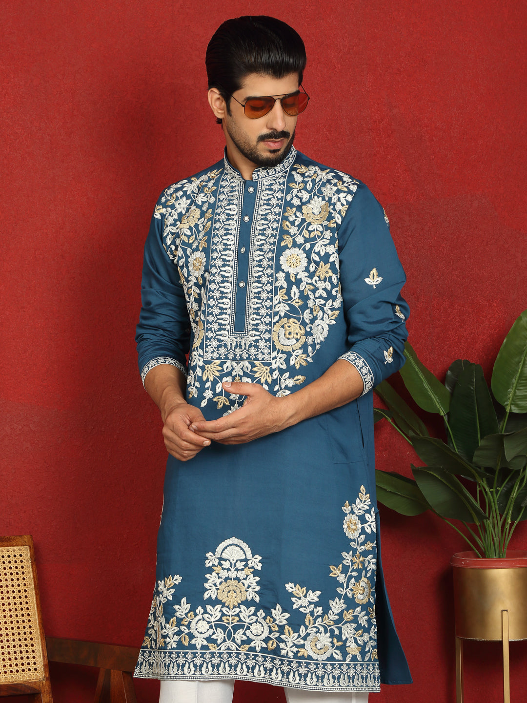 Men’s Cotton Silk Embroidered Floral Design Straight Kurta with White Silk Trouser