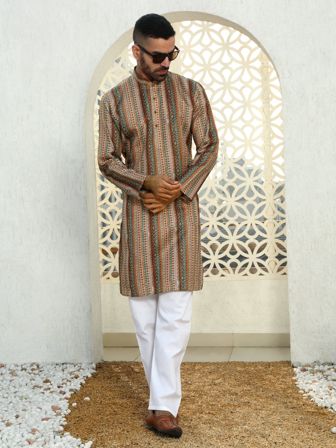 Cotton Chevron Printed Beige Kurta with white Elastic waistband Pyjama set