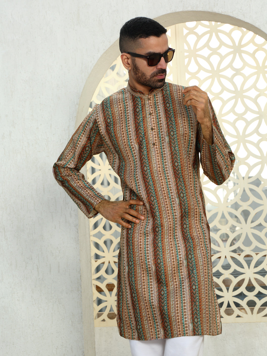 Cotton Chevron Printed Beige Kurta