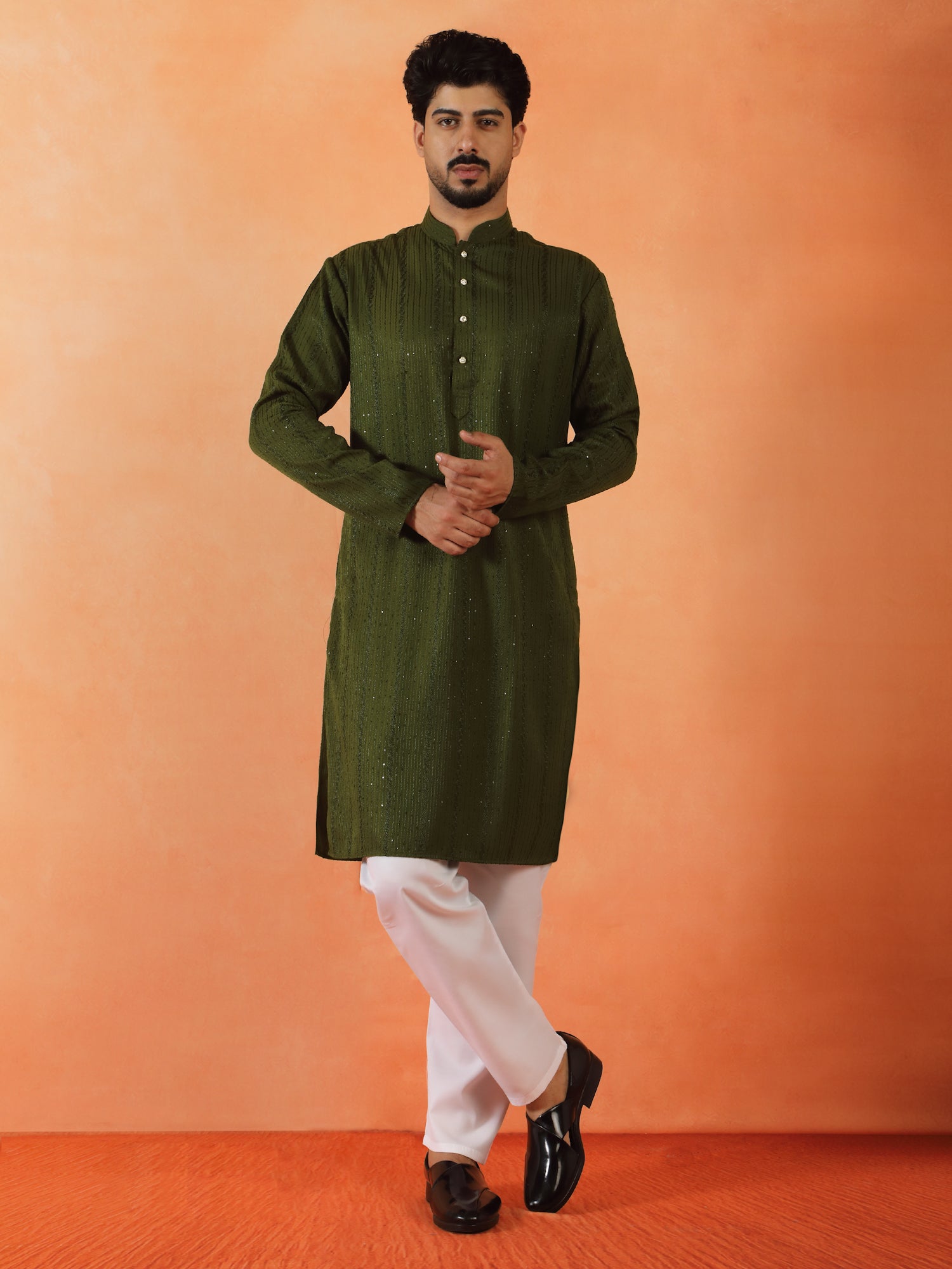 Men Sequenced thread work Designed Cotton Silk Straight Long Kurta