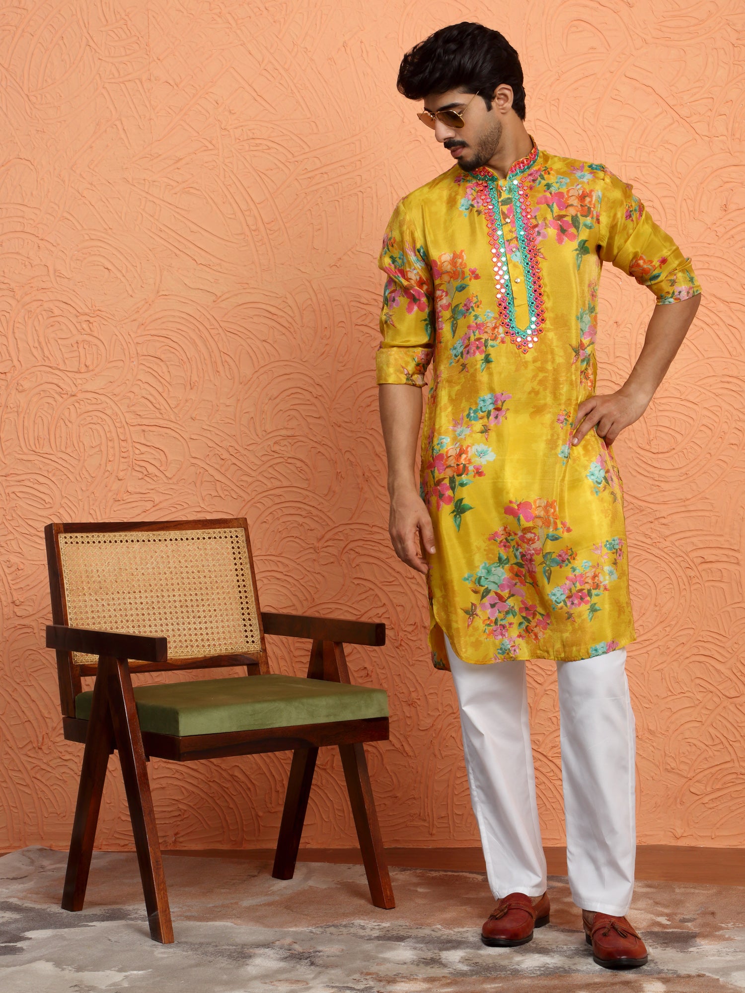 LUXE-Men's Silk Yoke Design Floral Mirror Work Kurta
