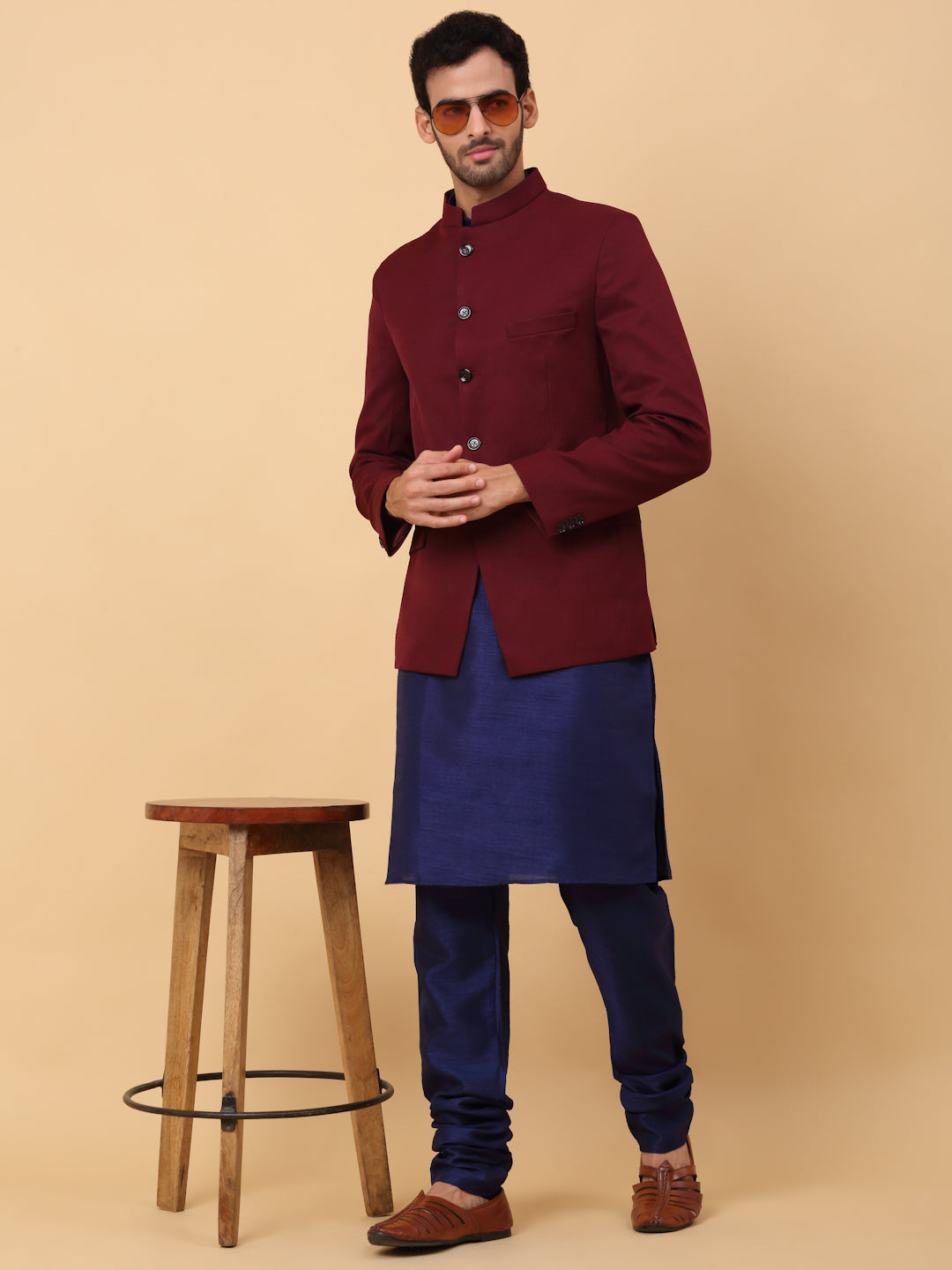 KRAFT INDIA Men's Silk Navy Blue Kurta Churidar With Solid Twill Bandhgala Suit/Coat