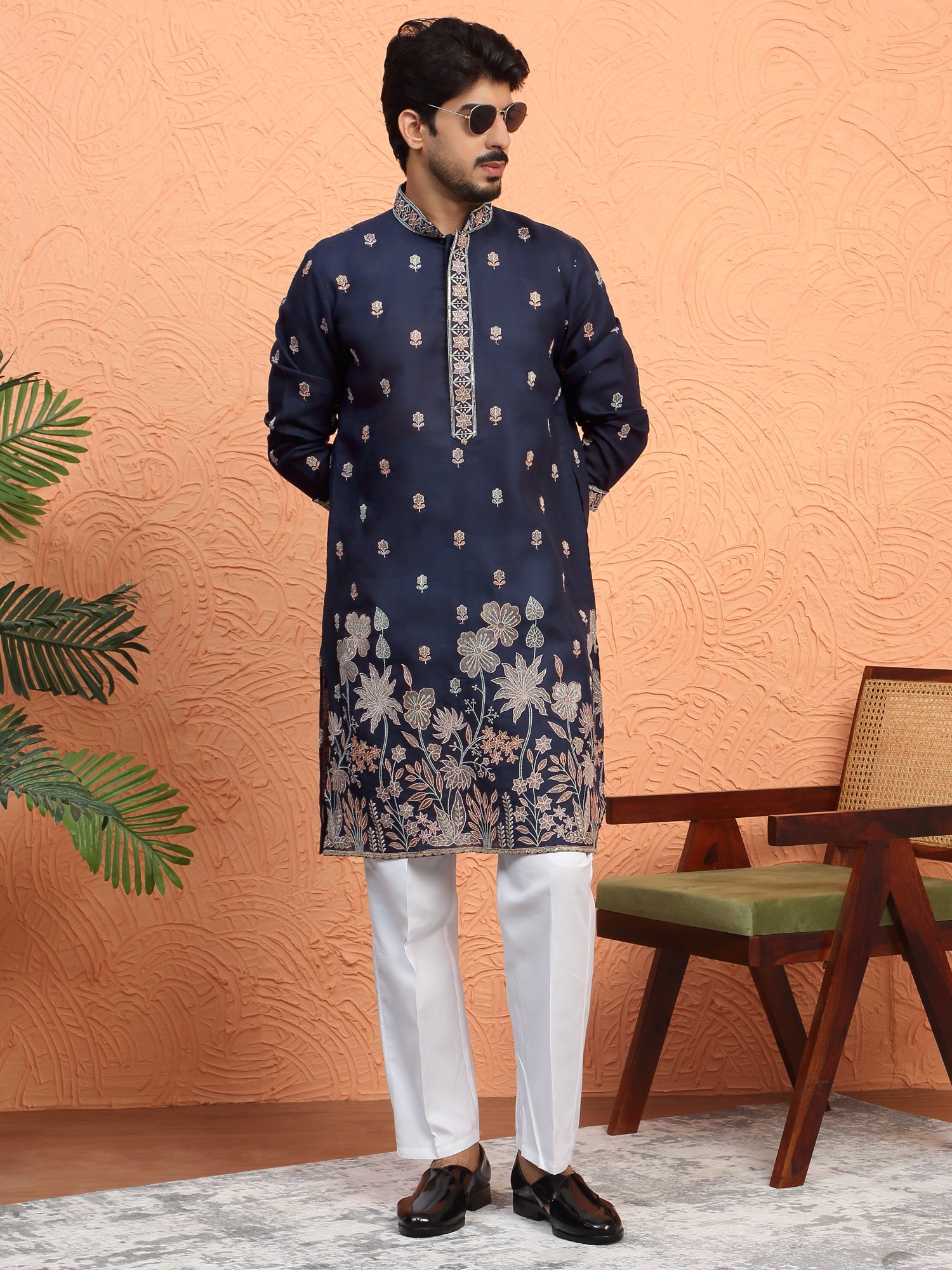 LUXE-Men's Cotton Floral Embroidered Kurta Trouser Set