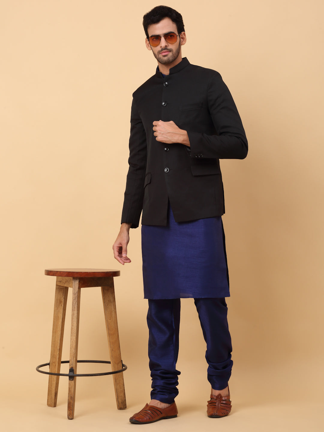 KRAFT INDIA Men's Silk Navy Blue Kurta Churidar With Solid Twill Bandhgala Suit/Coat