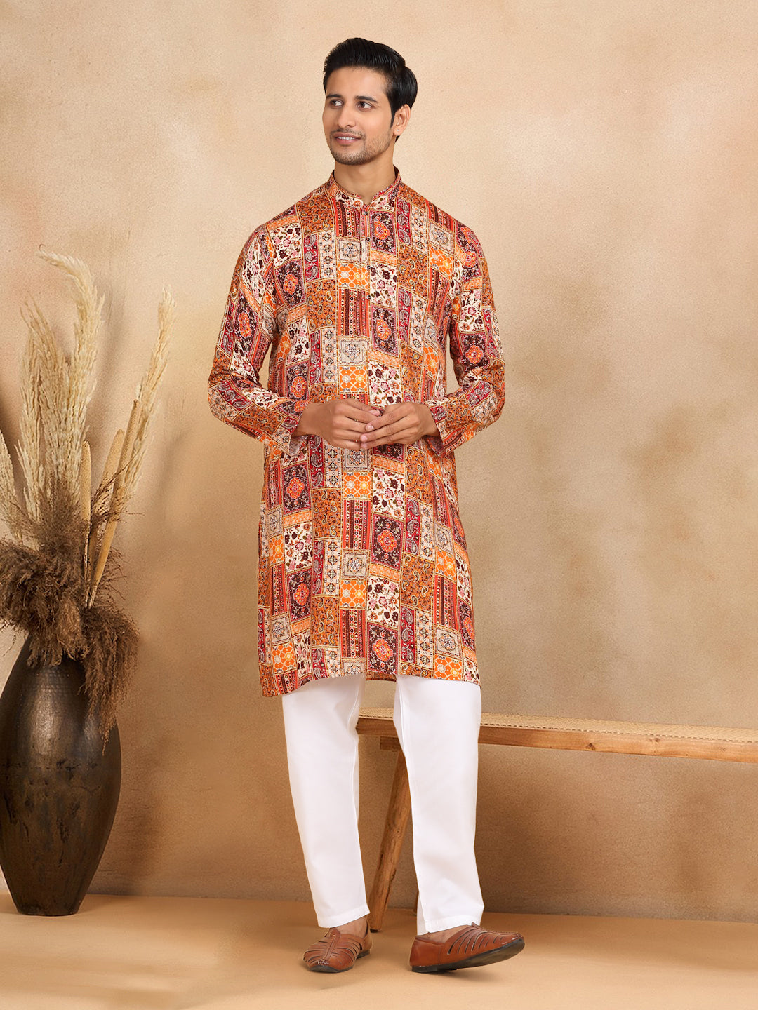 KRAFT INDIA Men's Rayon Ethnic Motif Printed Regular Straight Kurta With Elastic Waistband White Pyjama Set