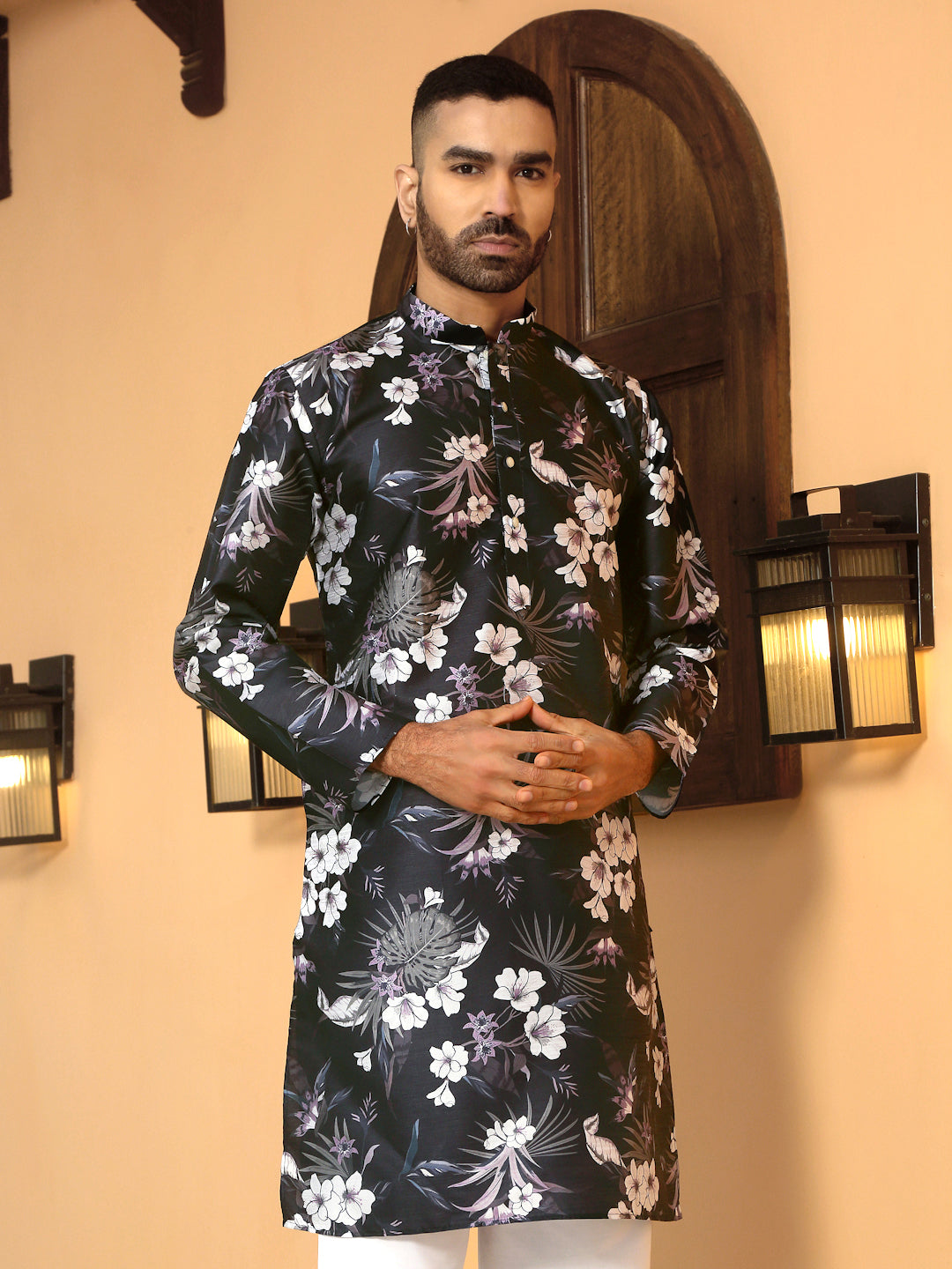 Silk Blend Floral Printed Kurta