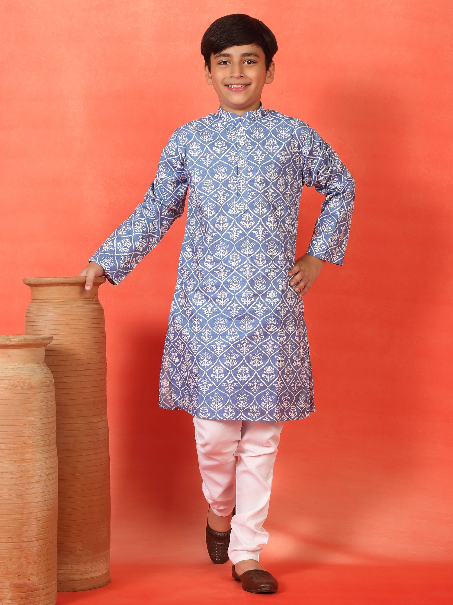 Kid's Blue Butti Jaipuri Printed Straight Long Kurta with Mandarin Collar