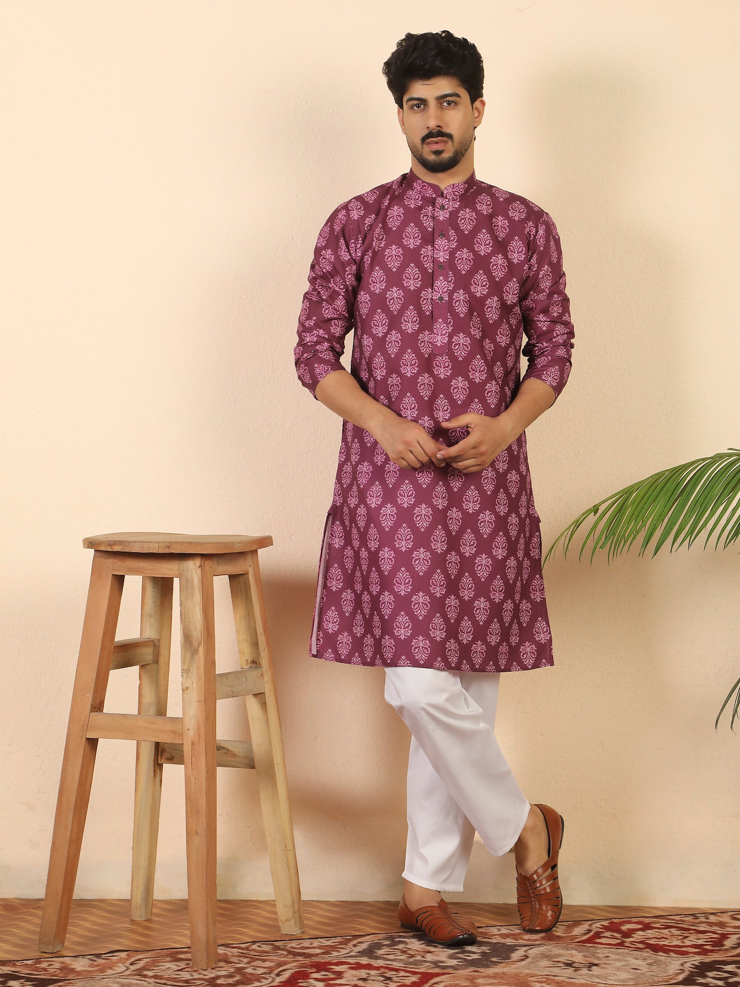 Men's Pure Cotton Jaipuri Print Kurta With Pyjama Set with Mandarin Collar