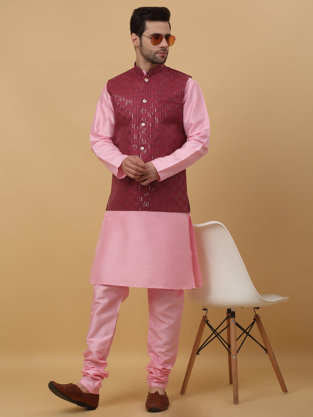 KRAFT INDIA Men's Silk Blend Kurta, Churidar With Cotton Silk Sequenced Embroided Maroon Nehru Jacket set
