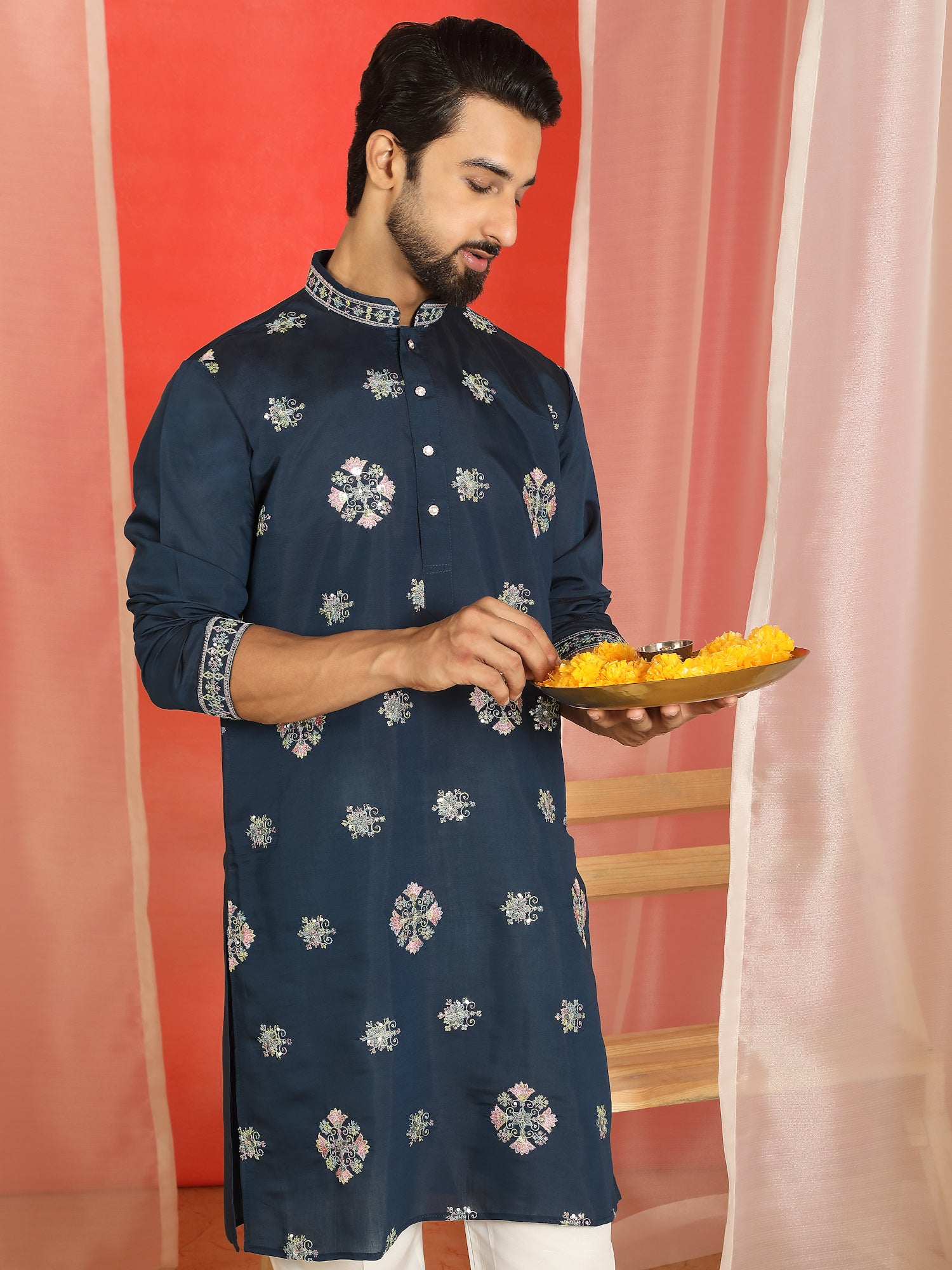 Men Cotton Silk Floral Thread Work Sequined Festive Kurta