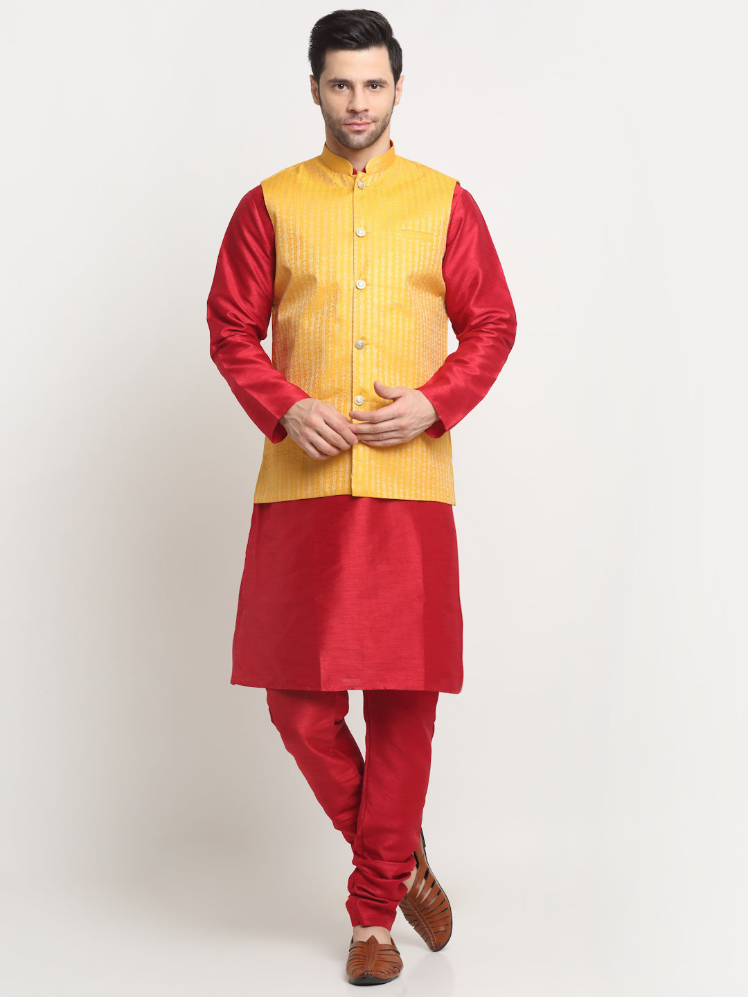 KRAFT INDIA Men's Silk Maroon Kurta Churidar with Nehru Jacket Set