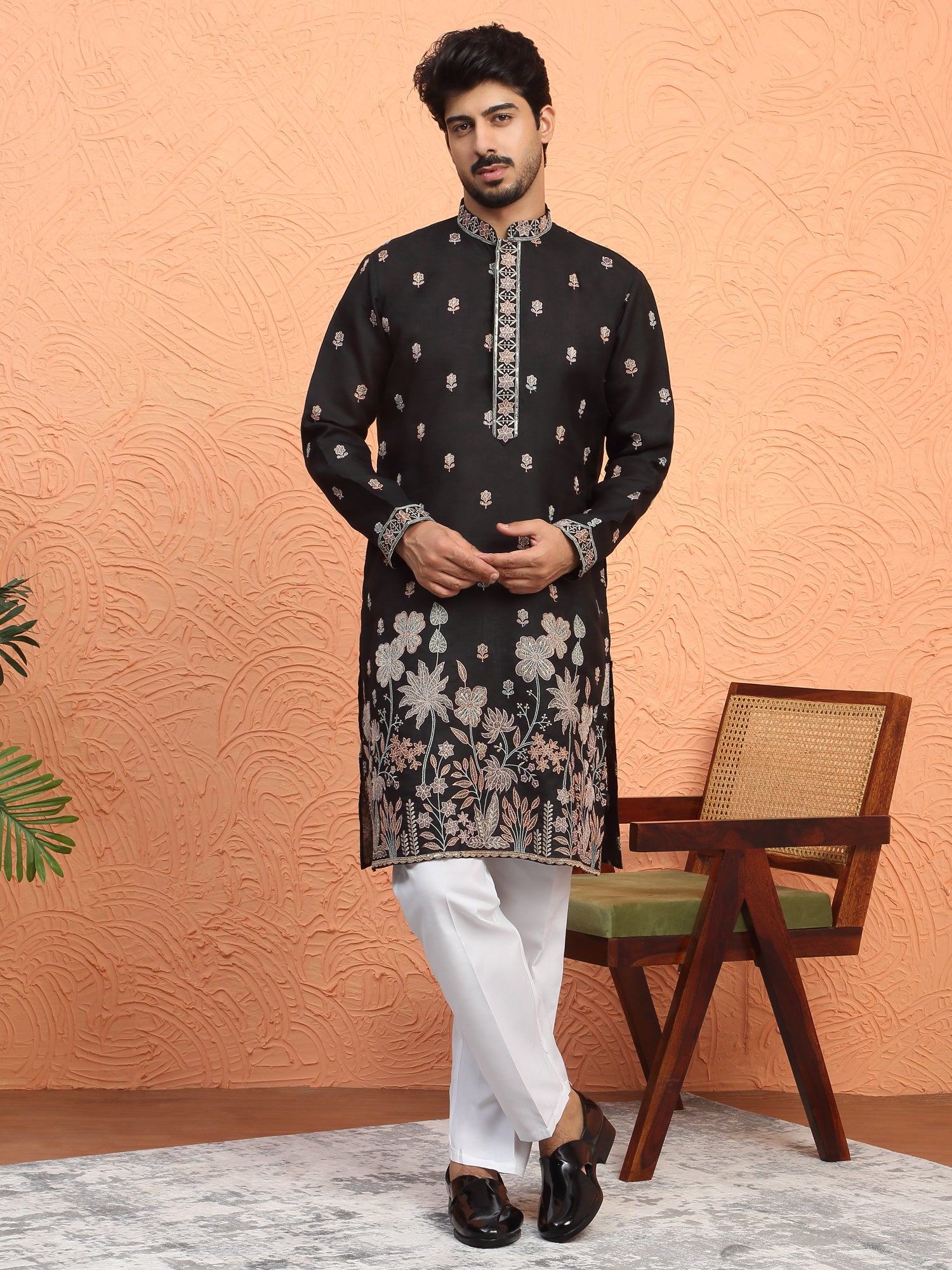LUXE-Men's Cotton Floral Embroidered Kurta Trouser Set
