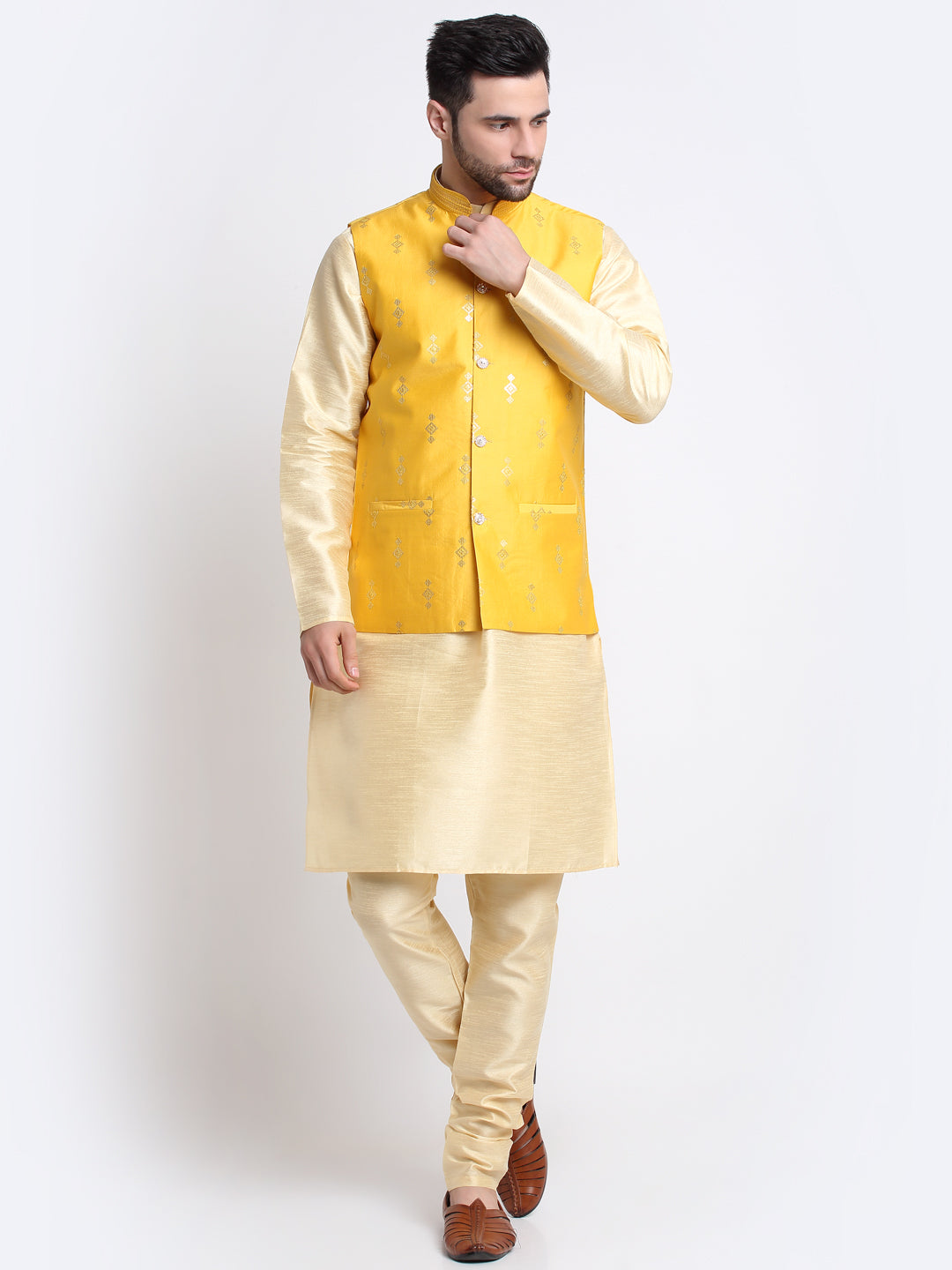 KRAFT INDIA Men Fawn Silk Kurta & Churidar With Sequenced Nehru Jacket