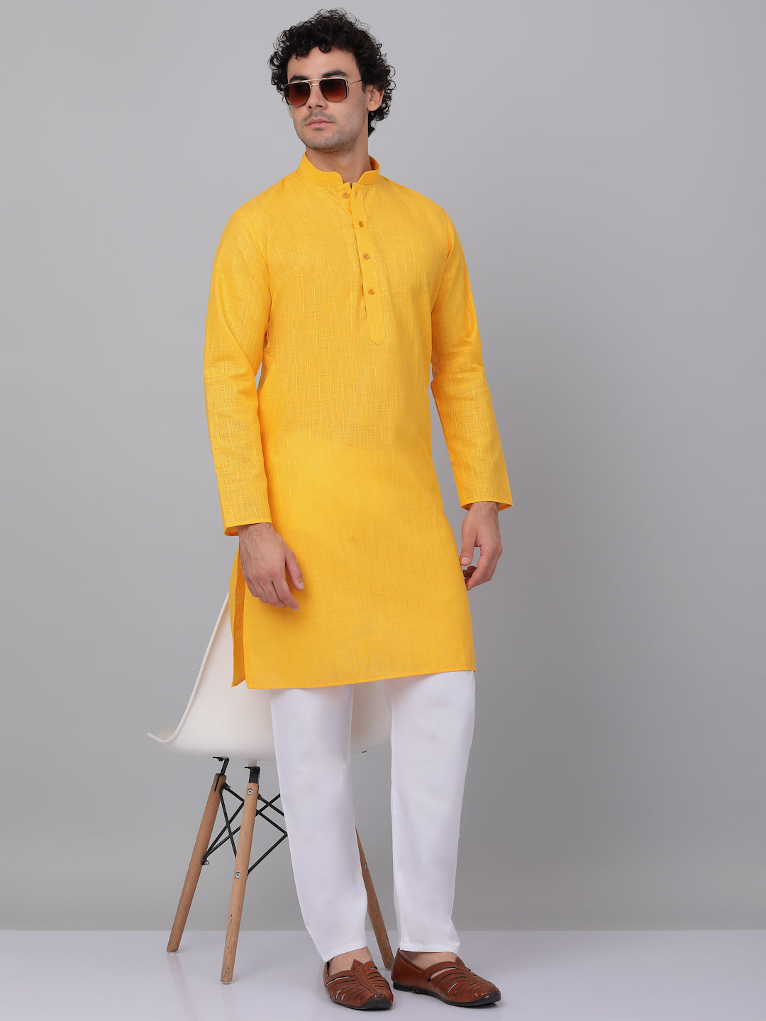 KRAFT INDIA Men Cotton Linen Striped Thread Work Knee Length Kurta With White Elastic Waistband Pyjama Set